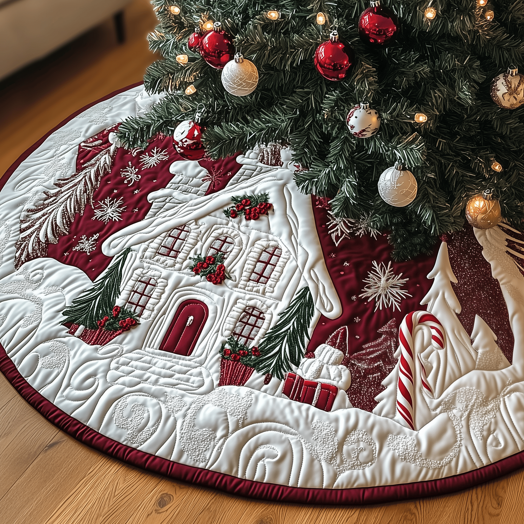 Candy Canes Whimsical House Quilted Tree Skirt Joyful Home Merch Collection