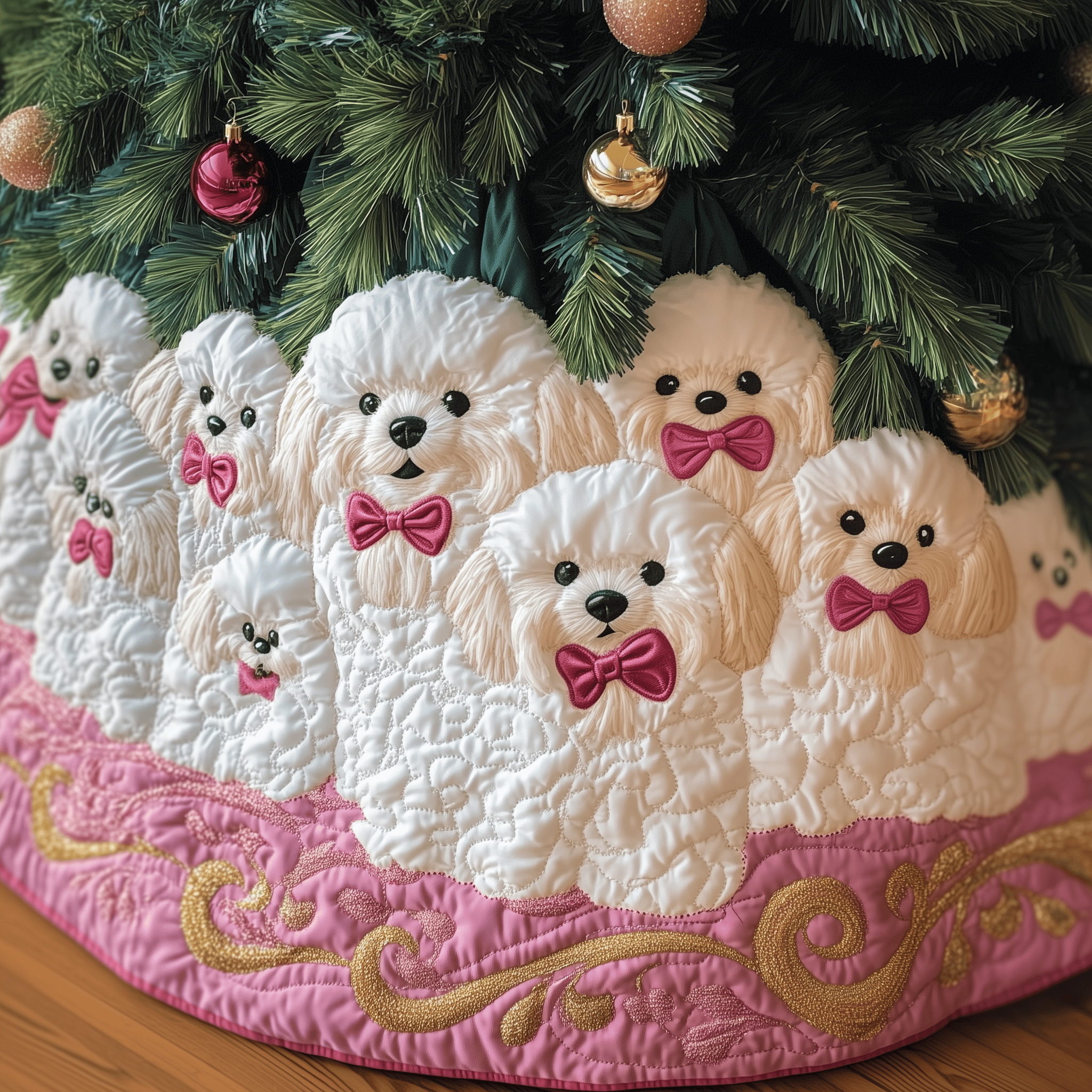 Christmas Bichon Quilted Tree Skirt Merch For Couples