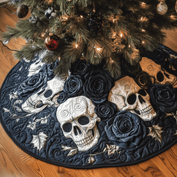Christmas Black Rose Skull Quilted Tree Skirt Summer Merch Vibes