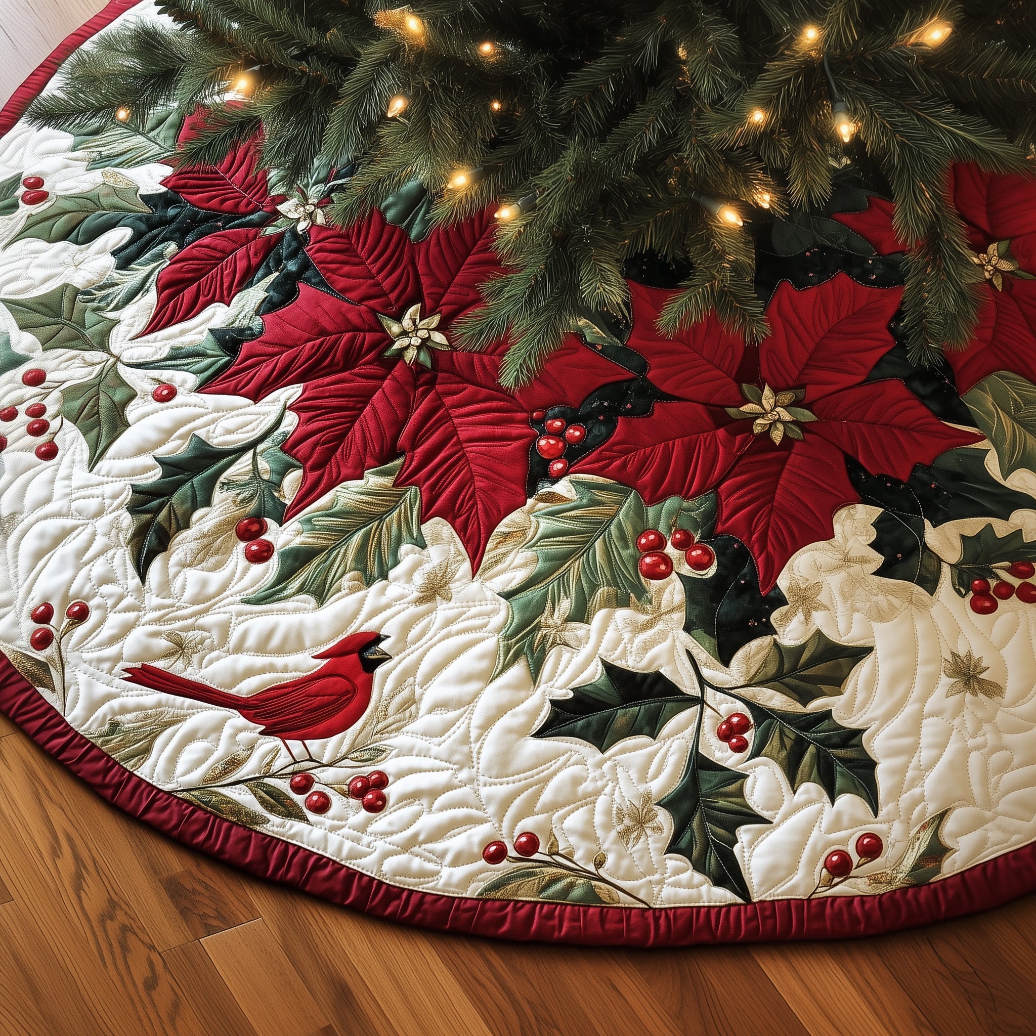 Cardinal Poinsettia Quilted Tree Skirt Merch For Friends