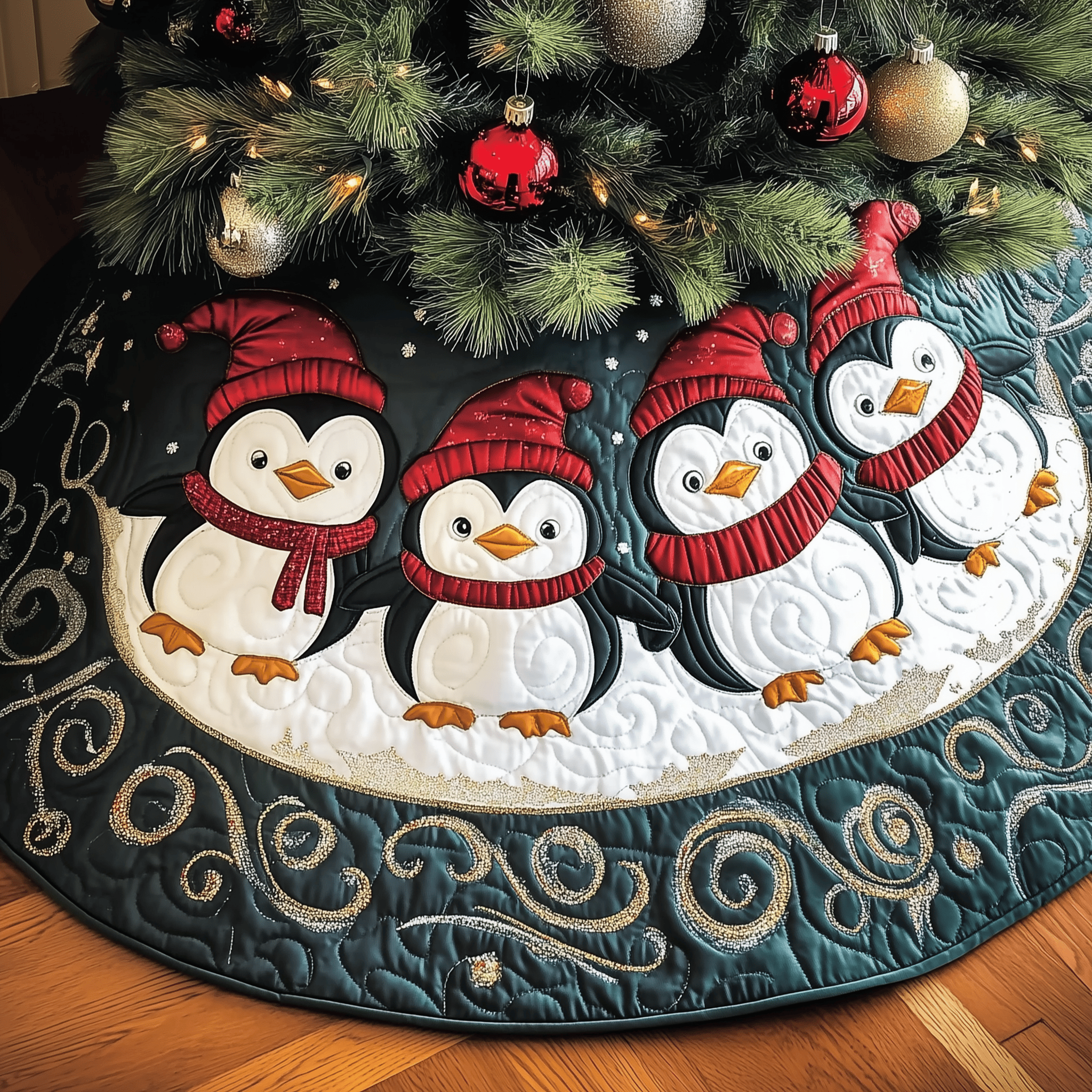 Christmas Penguin Quilted Tree Skirt Cozy Tree Skirt For Holiday Decor