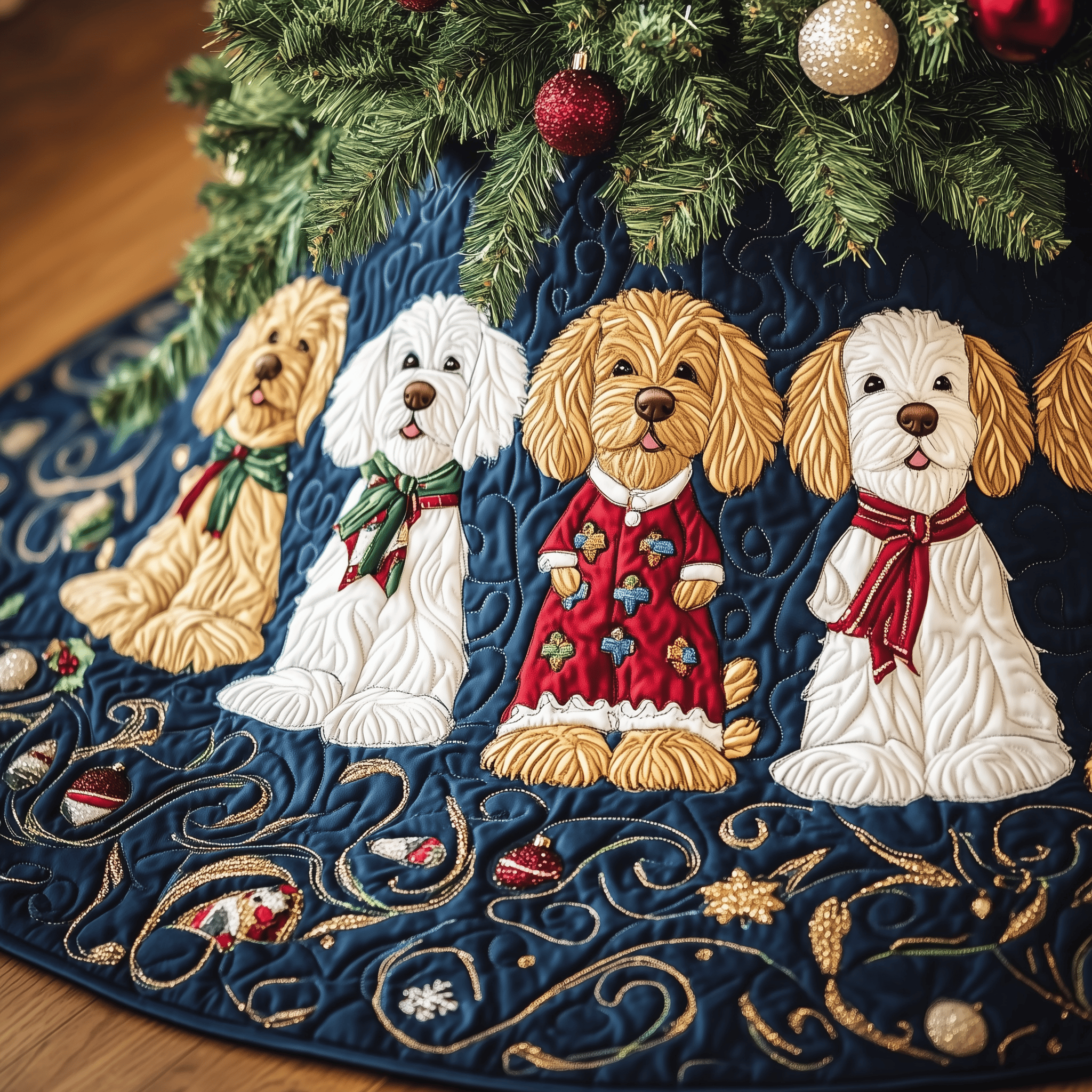 Christmas Goldendoodle Quilted Tree Skirt Warm Gift Merch For Family