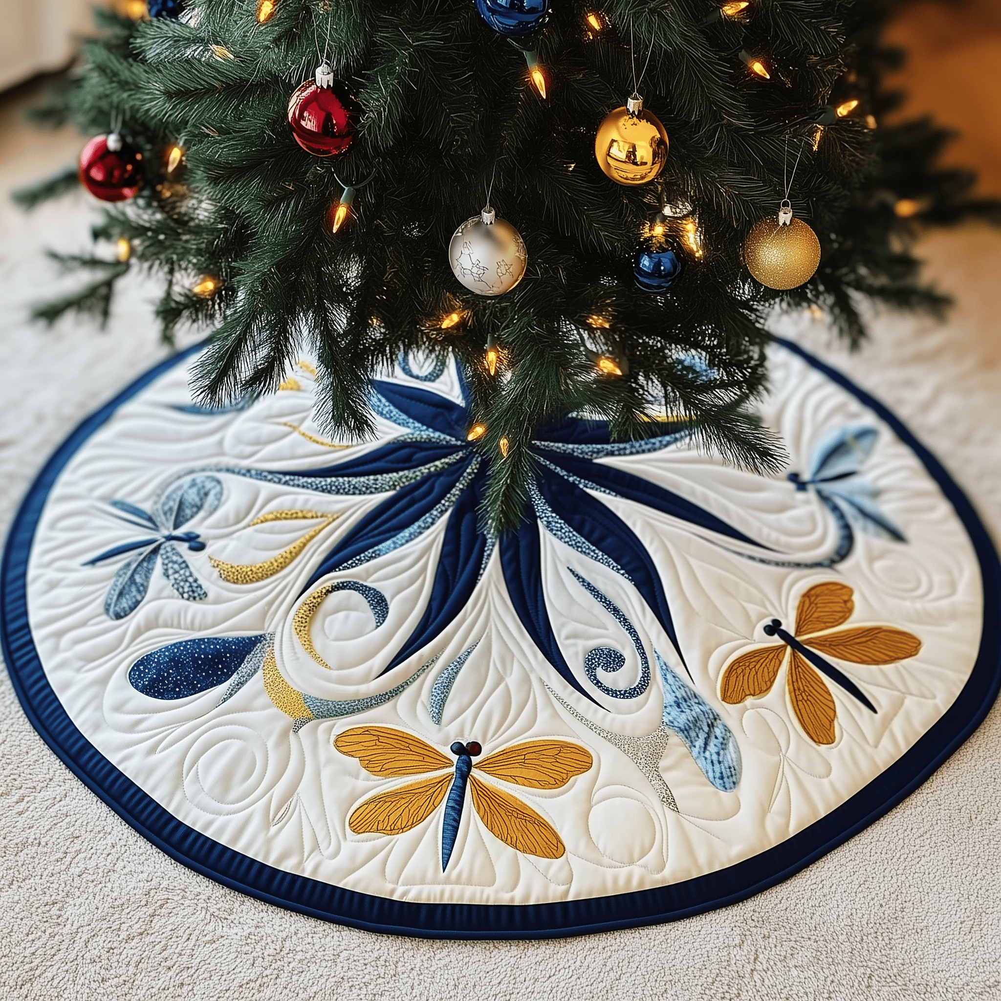Christmas Dragonfly Quilted Tree Skirt Charming Thanksgiving Gift Merch