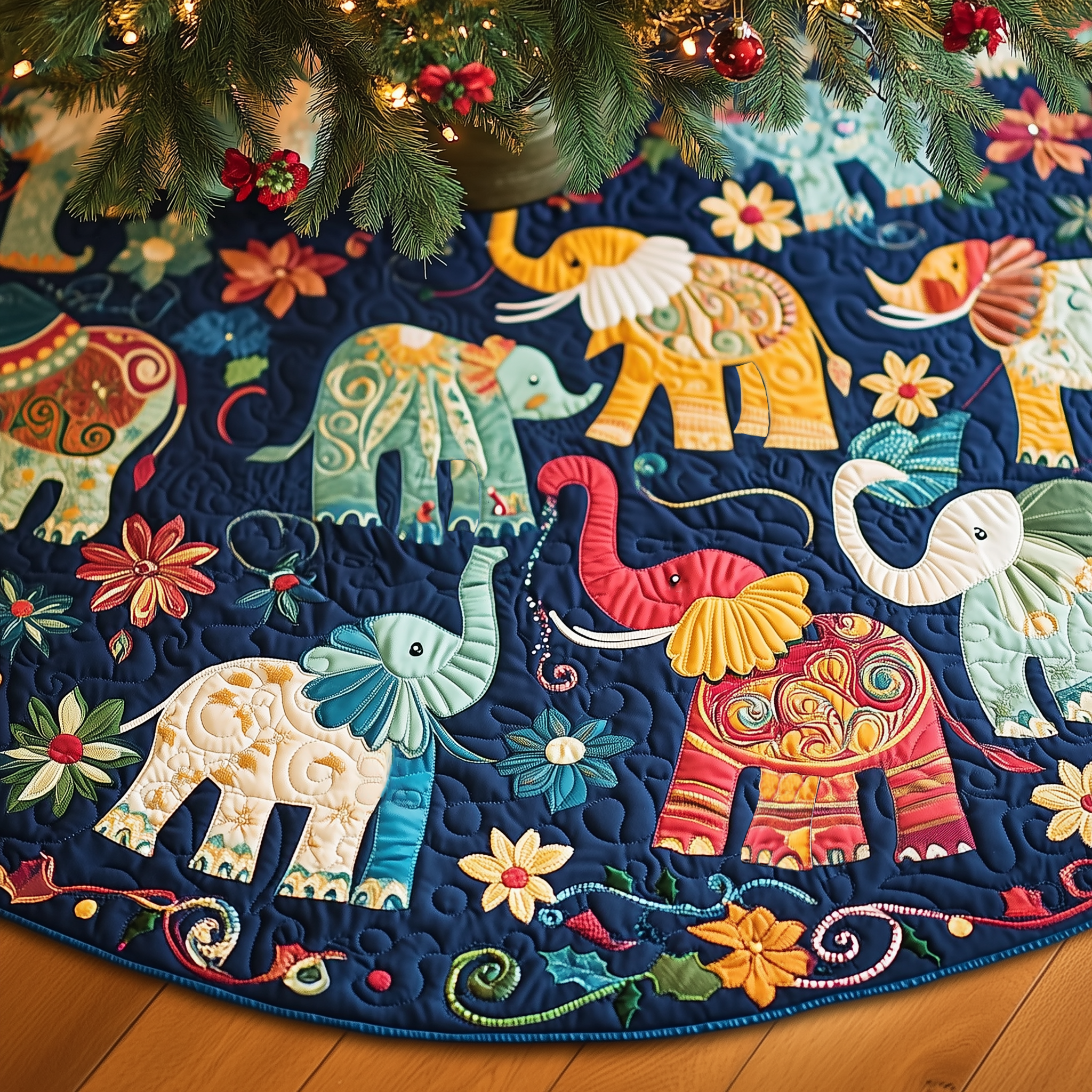 Christmas Elephant Quilted Tree Skirt Cozy Home Decor Gift Merch