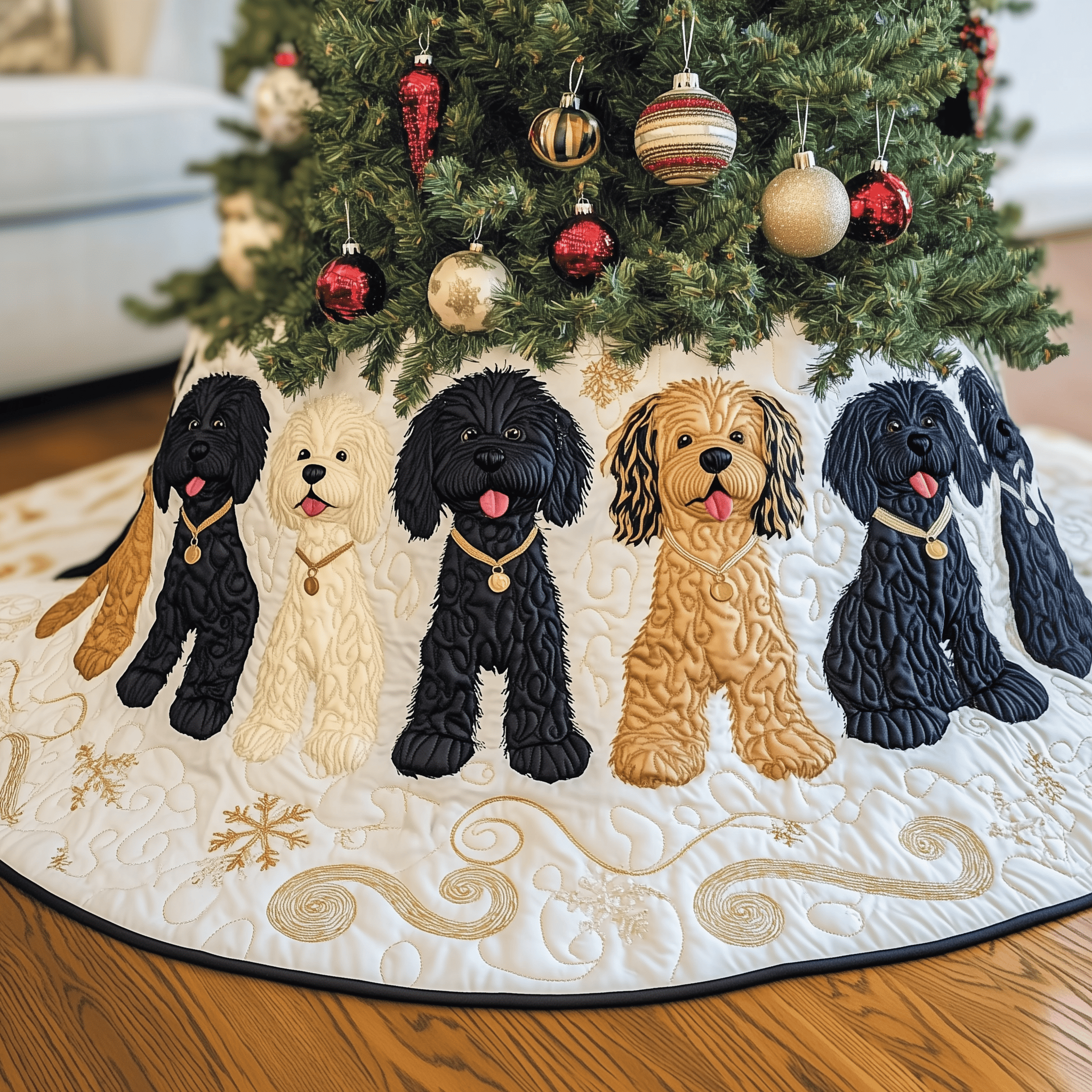 Christmas Doodle Dog Quilted Tree Skirt Holiday Tree Skirt Must-Have