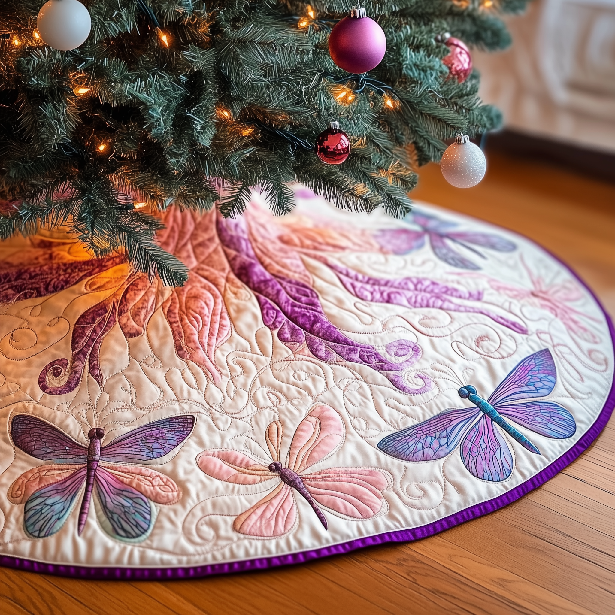 Christmas Dragonfly Quilted Tree Skirt Best New Year Gift Merch