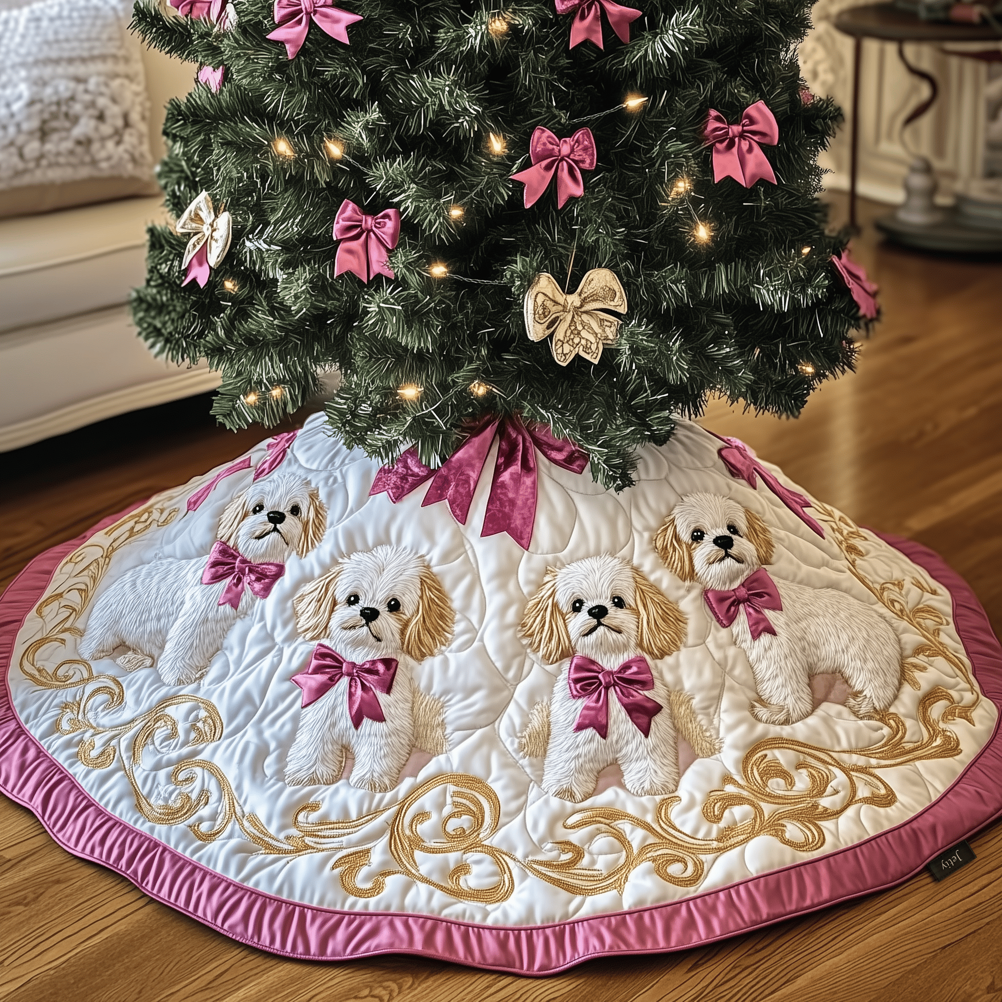 Christmas Maltese Quilted Tree Skirt Heartwarming Family Gathering Merch