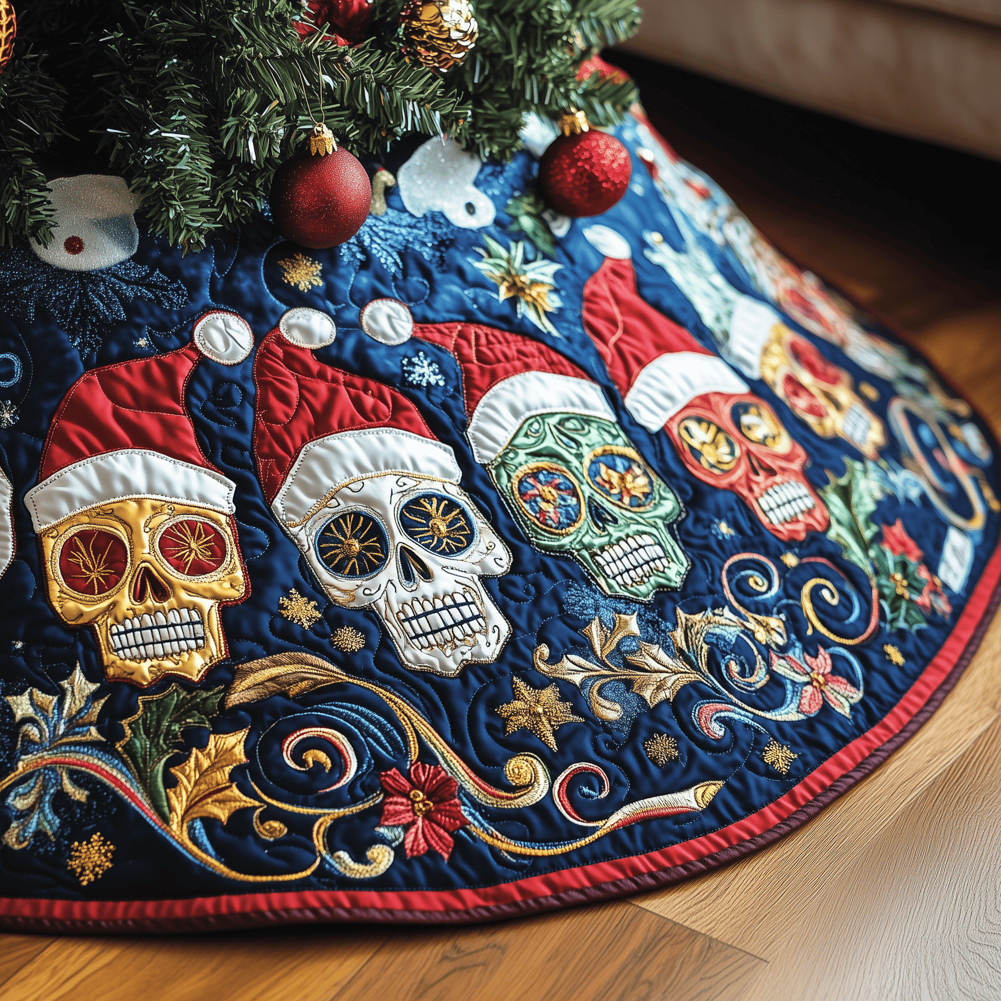 Christmas Joyful Skull Quilted Tree Skirt Adorable Easter Gift Merch