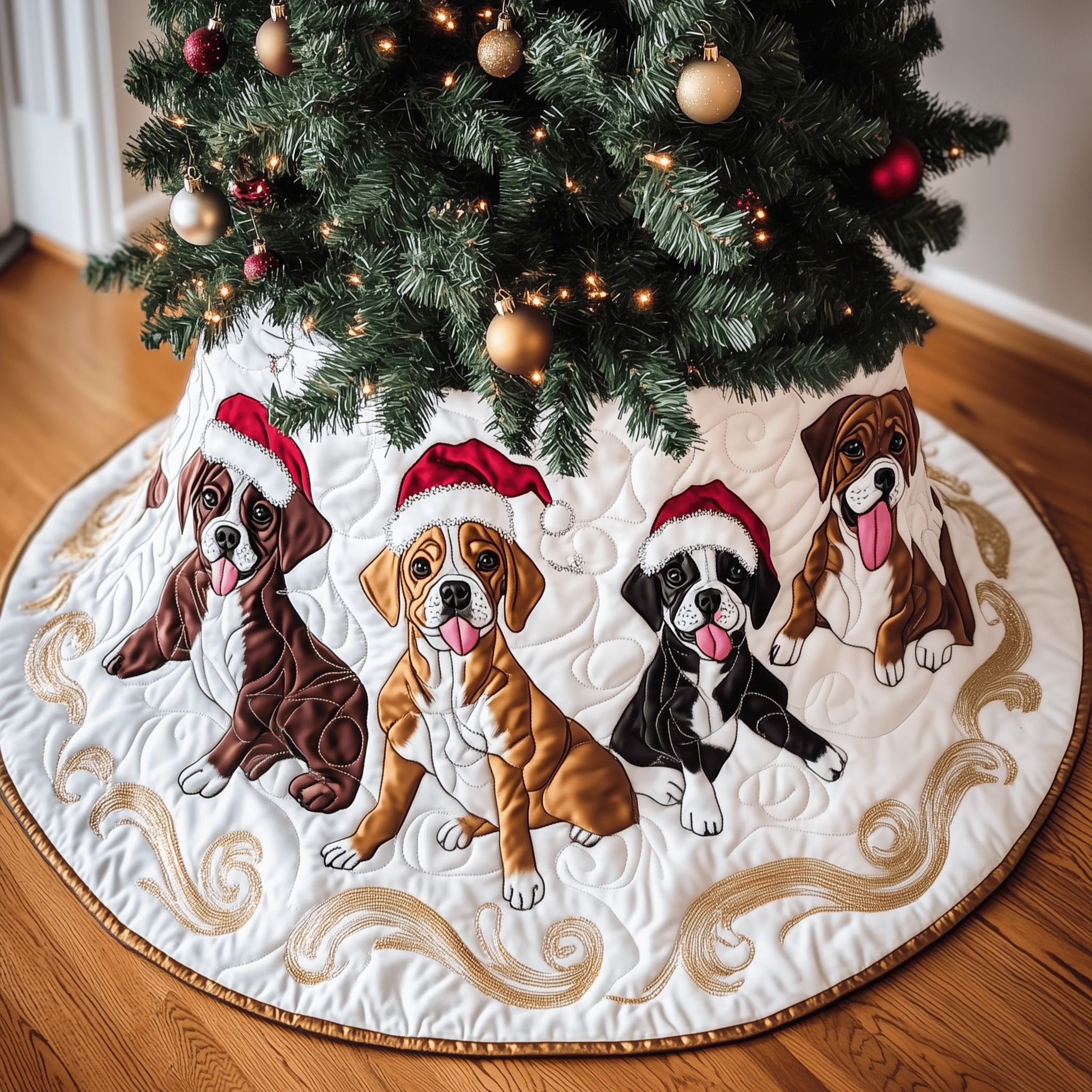 Christmas Boxer Quilted Tree Skirt Joyful Holiday Season Gift Merch