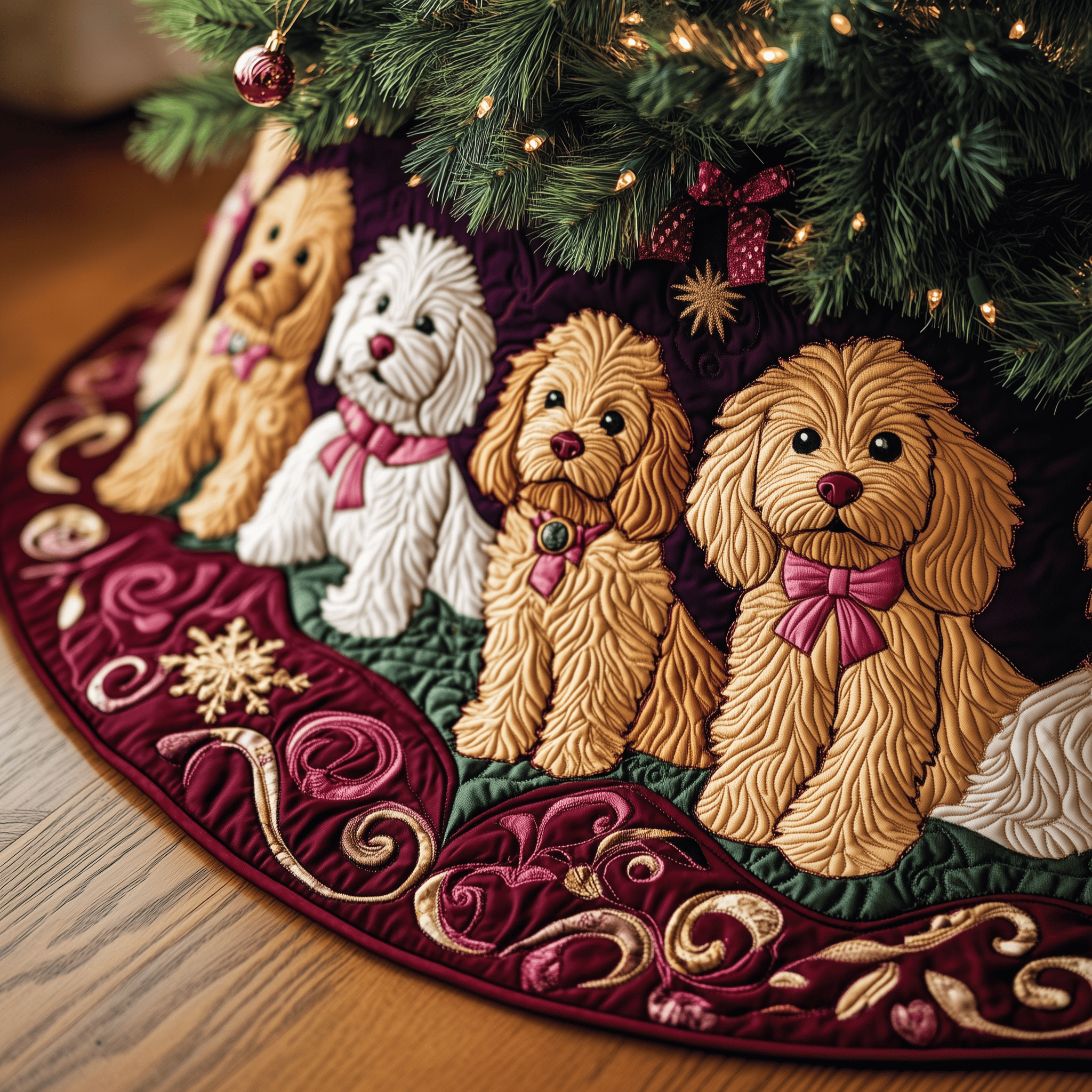 Christmas Joyful Doodle Quilted Tree Skirt Elegant Christmas Tree Decor Merch