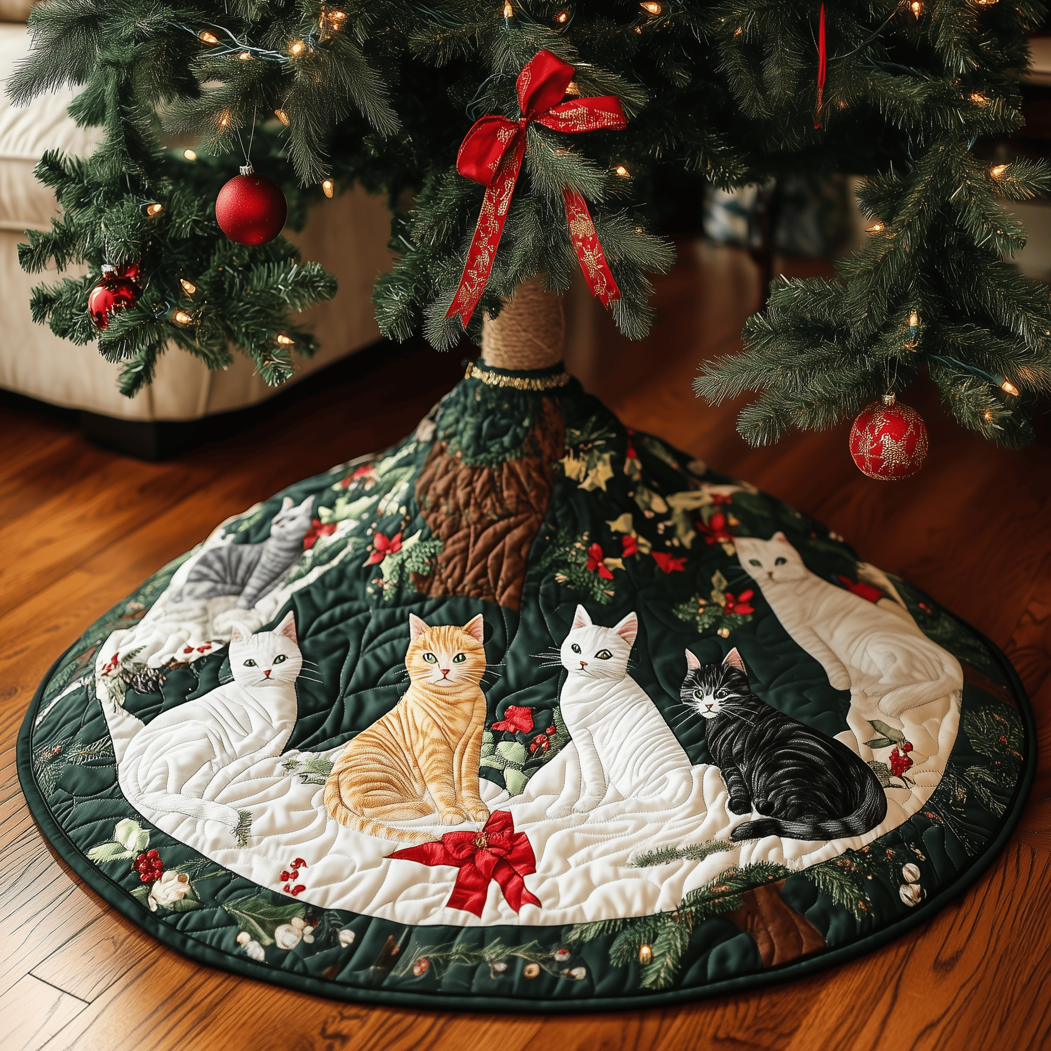 Christmas Cat Quilted Tree Skirt Merch For Family