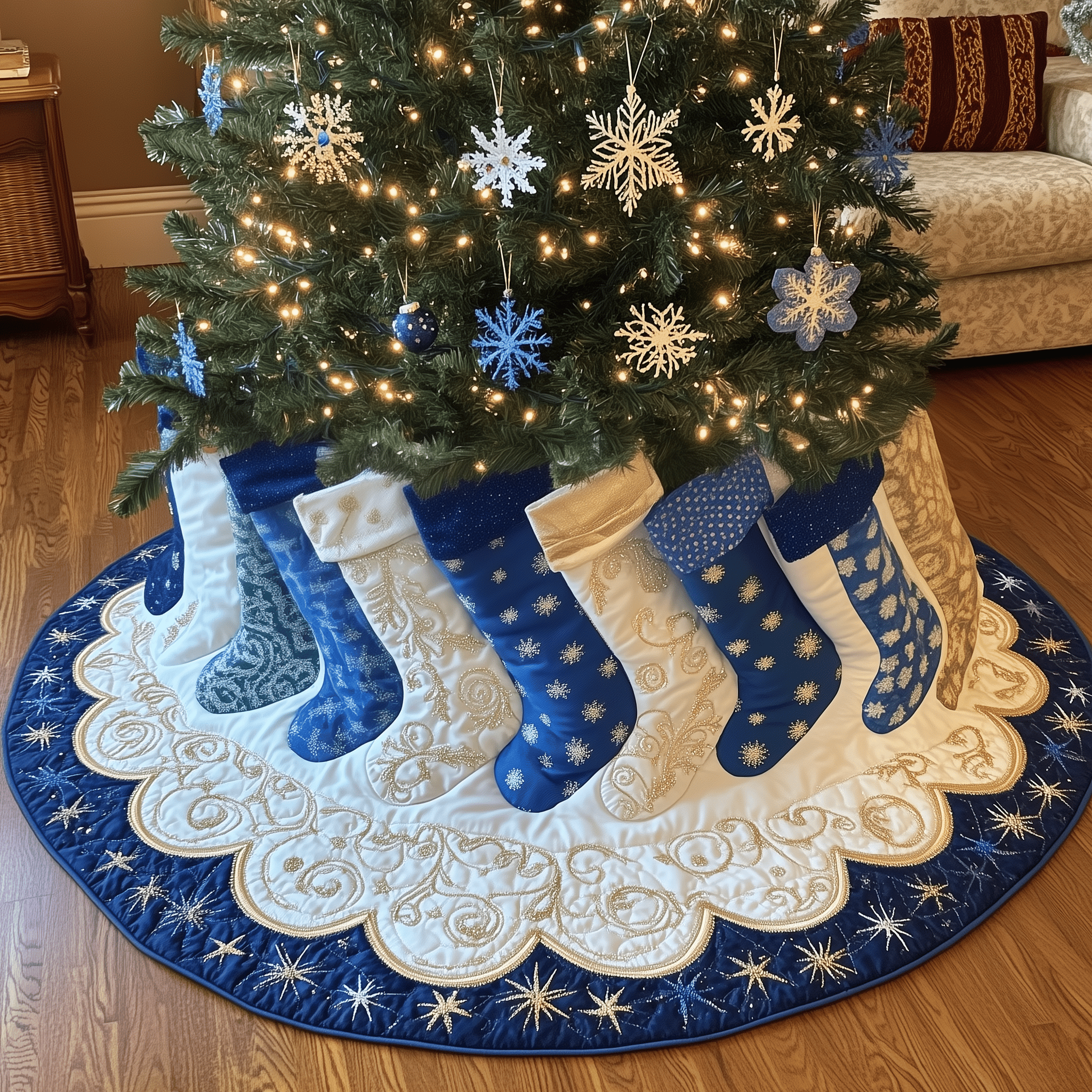 Christmas Stockings Quilted Tree Skirt Holiday Gift Merch
