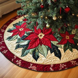 Elegant Poinsettia Quilted Tree Skirt Heartwarming Family Gathering Merch