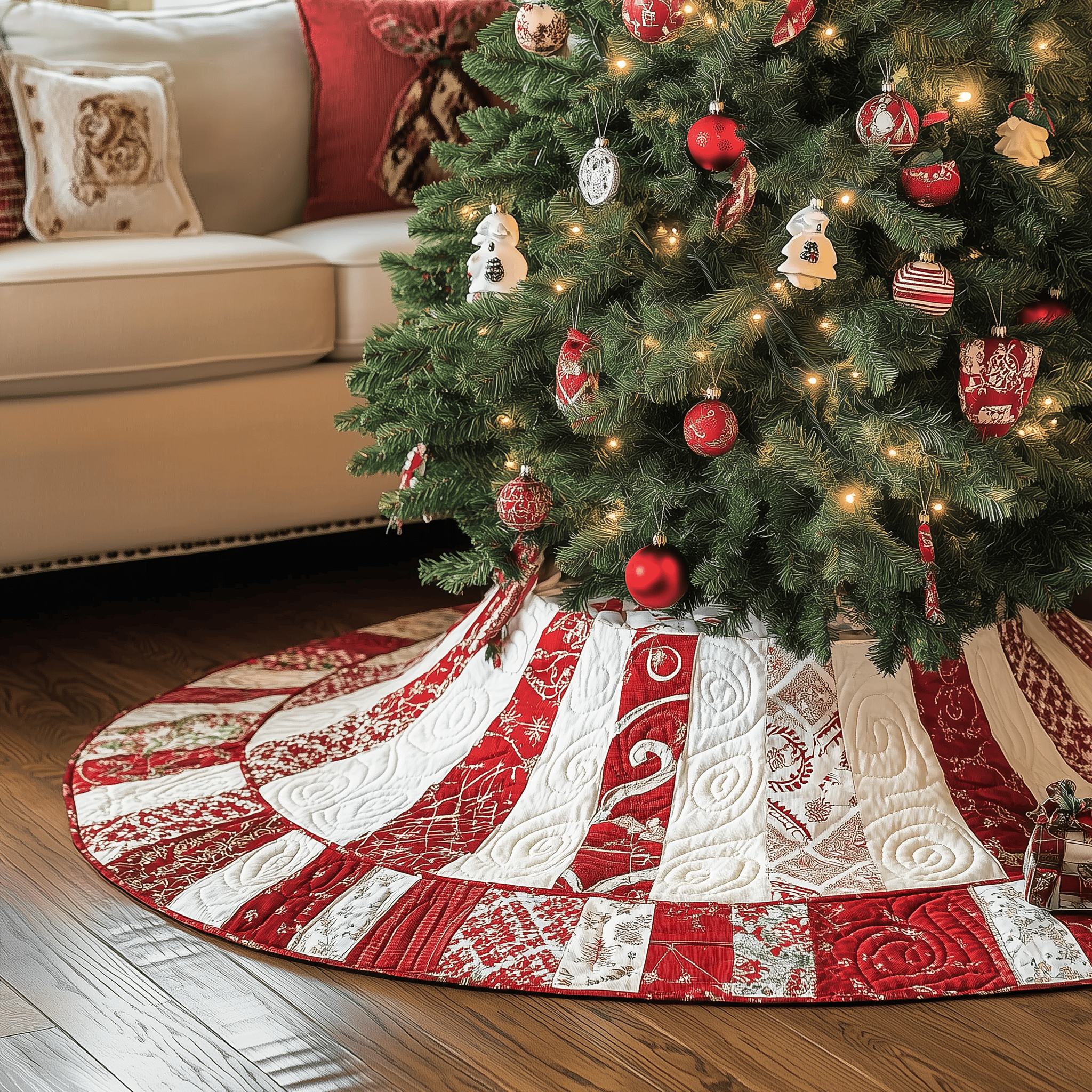 Classic Red White Patchwork Quilted Tree Skirt Perfect Tree Skirt Decoration Merch