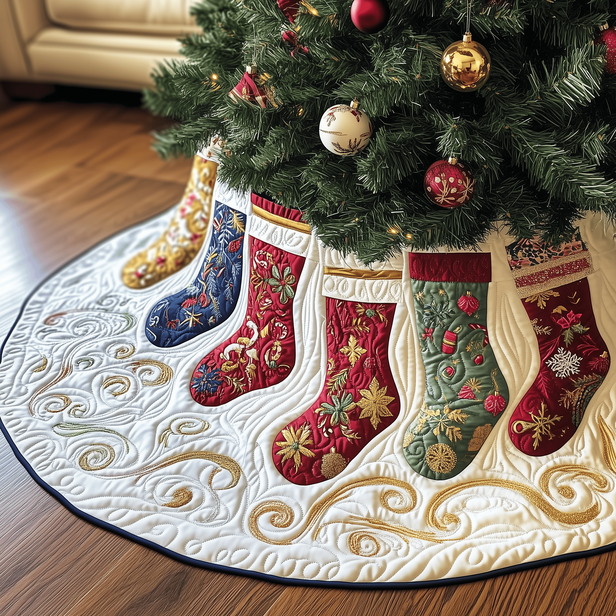 Christmas Stockings Quilted Tree Skirt Best New Year Gift Merch