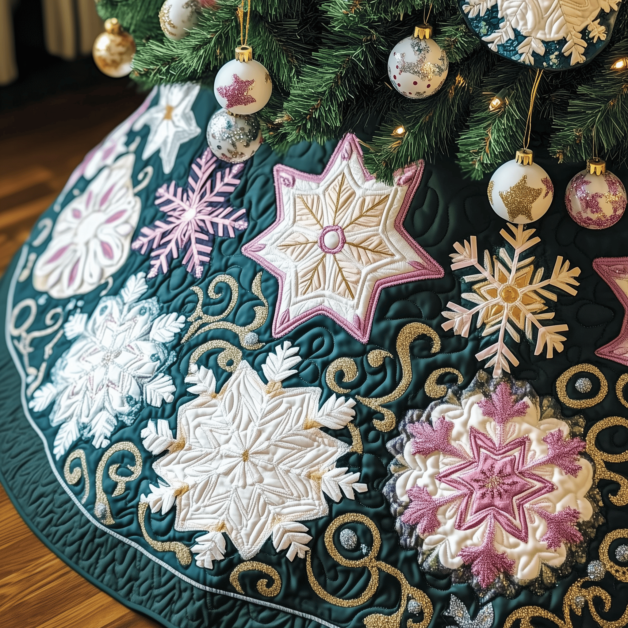 Christmas Snowflakes Quilted Tree Skirt Lovely Mother�s Day Gift Merch