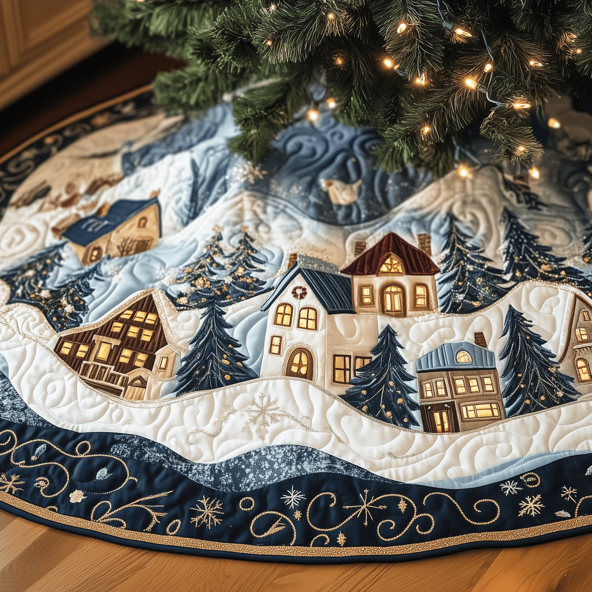 Christmas Village Quilted Tree Skirt Warm Winter Home Merch