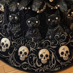 Christmas Skull And Black Cat Quilted Tree Skirt Warm Gift Merch For Family