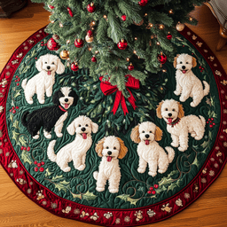 Christmas Poodle Cheer Quilted Tree Skirt Charming Thanksgiving Gift Merch