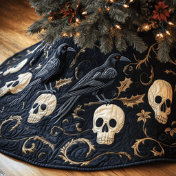 Christmas Skull And Black Crow Quilted Tree Skirt Charming Holiday Home Merch