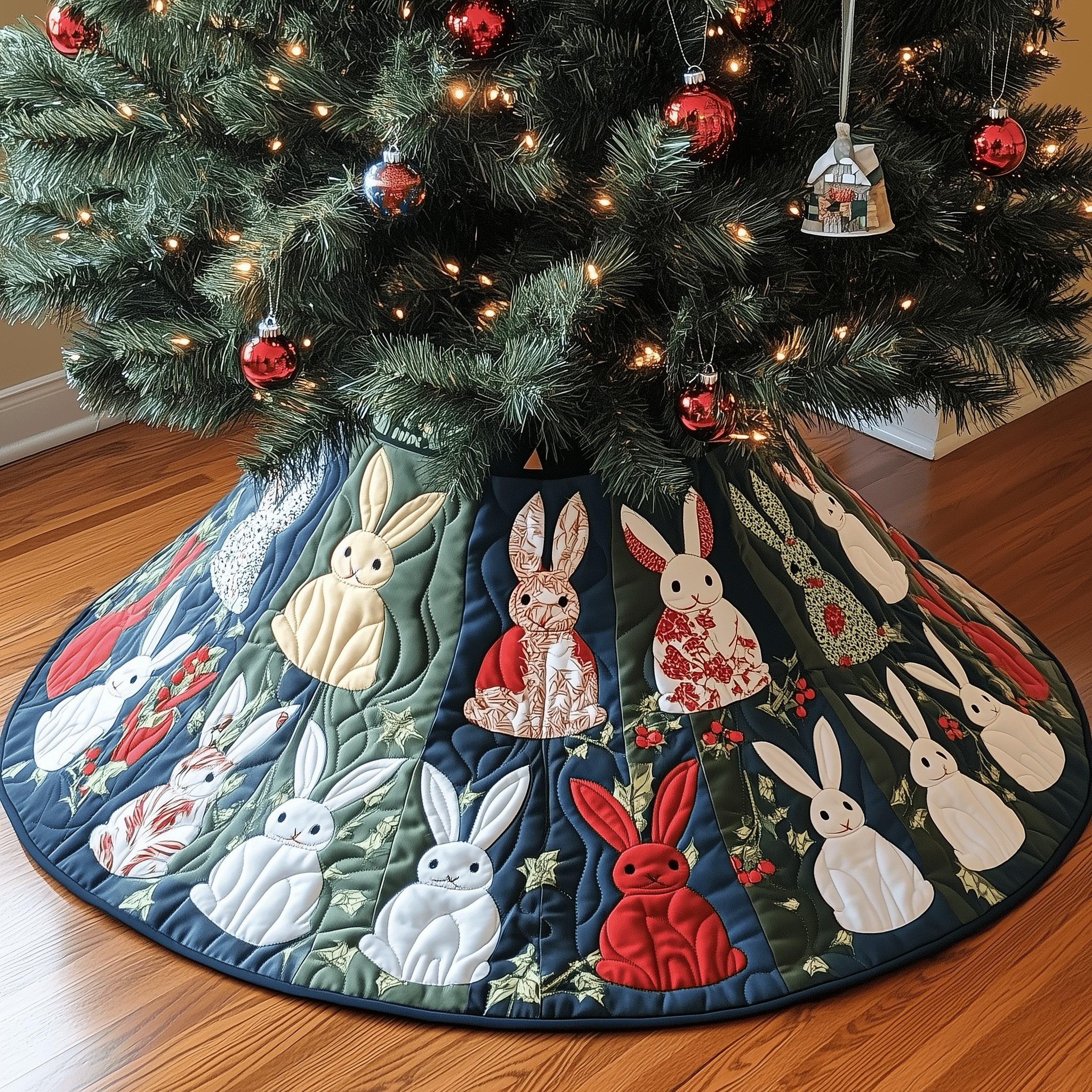Christmas Rabbit Quilted Tree Skirt Charming Holiday Home Merch