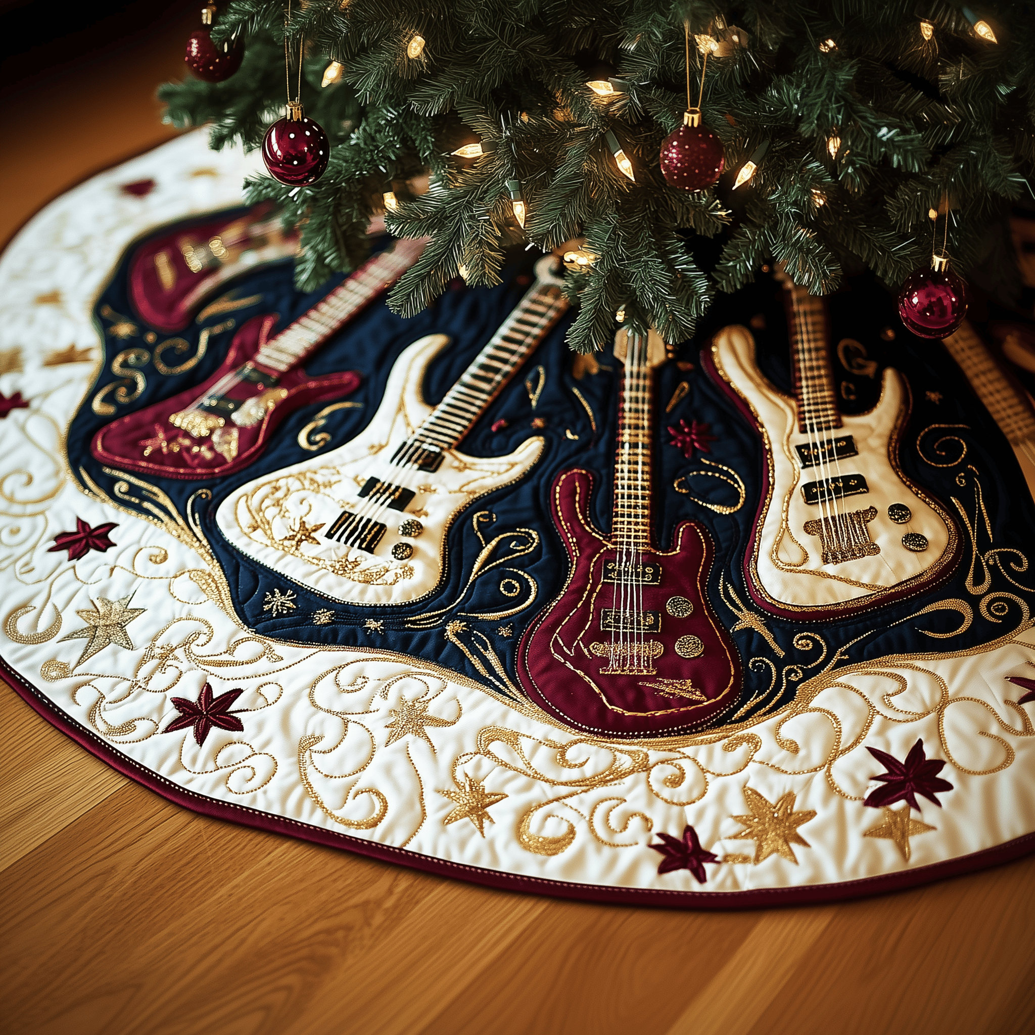 Christmas Swirl Guitar Quilted Tree Skirt Thoughtful Gift Merch For Dad