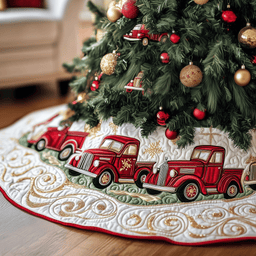 Christmas Red Truck Quilted Tree Skirt Joyful Holiday Season Gift Merch