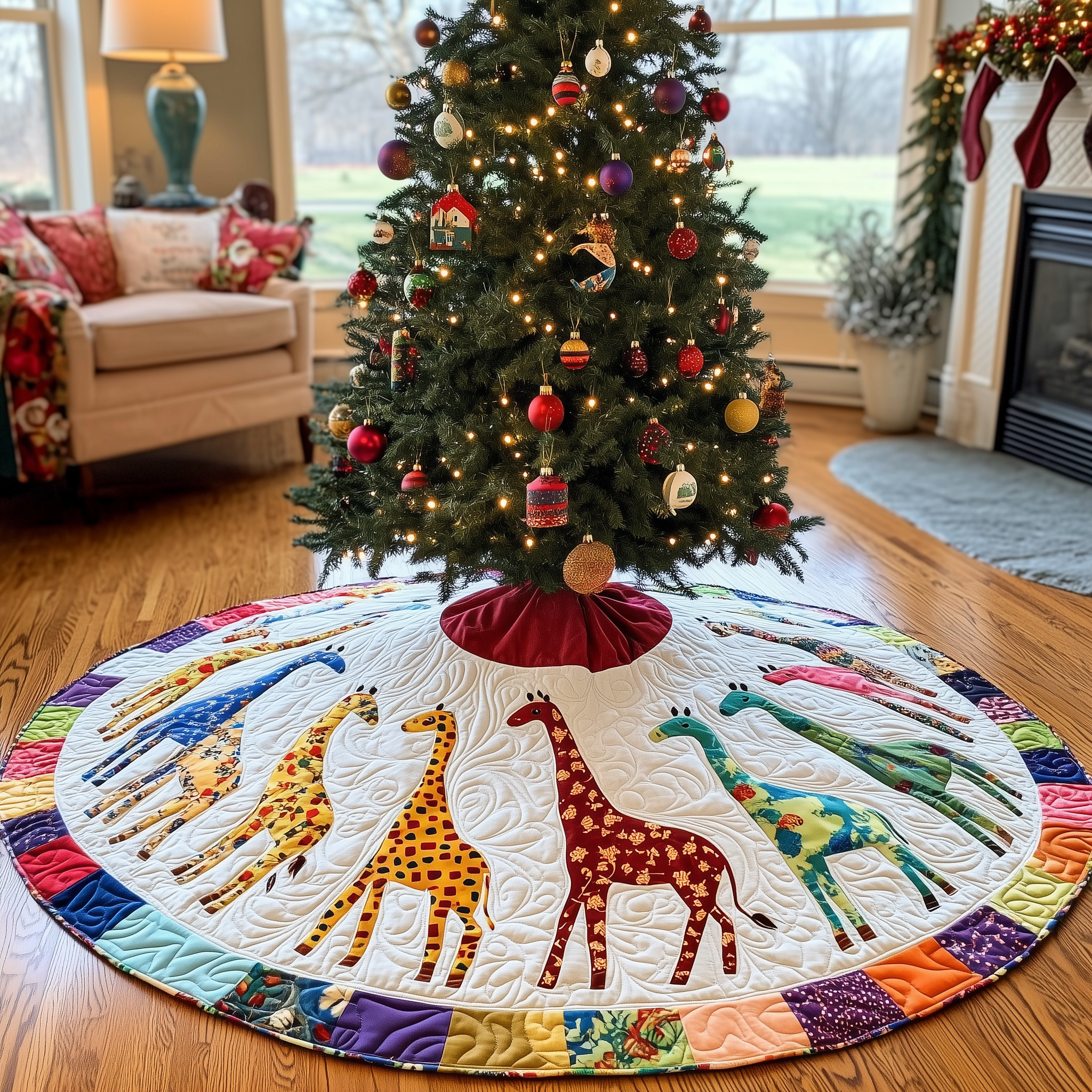 Colorful Giraffes Christmas Quilted Tree Skirt Perfect Gift Merch For Her