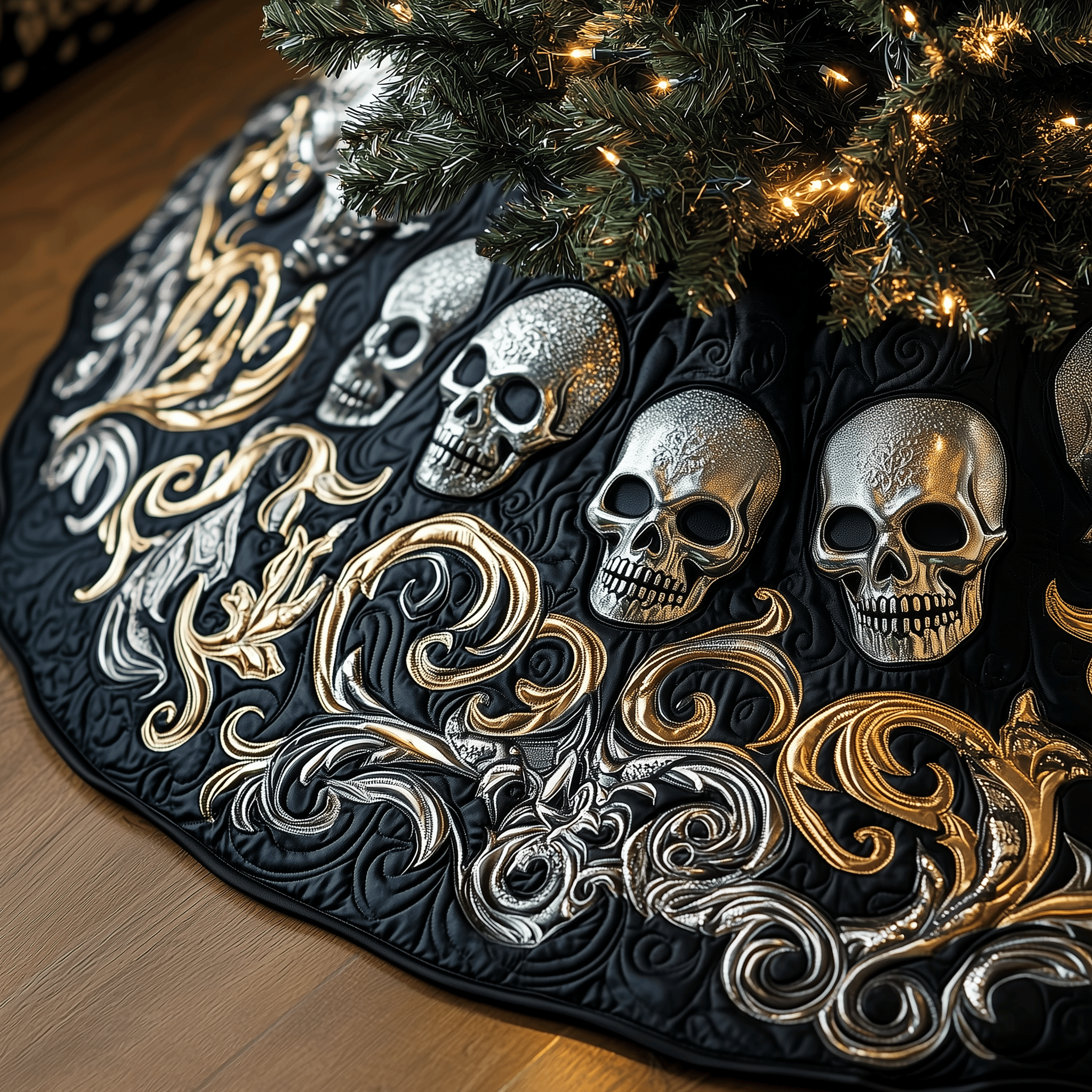 Elegant Skull Quilted Tree Skirt Cozy Tree Skirt For Holiday Decor