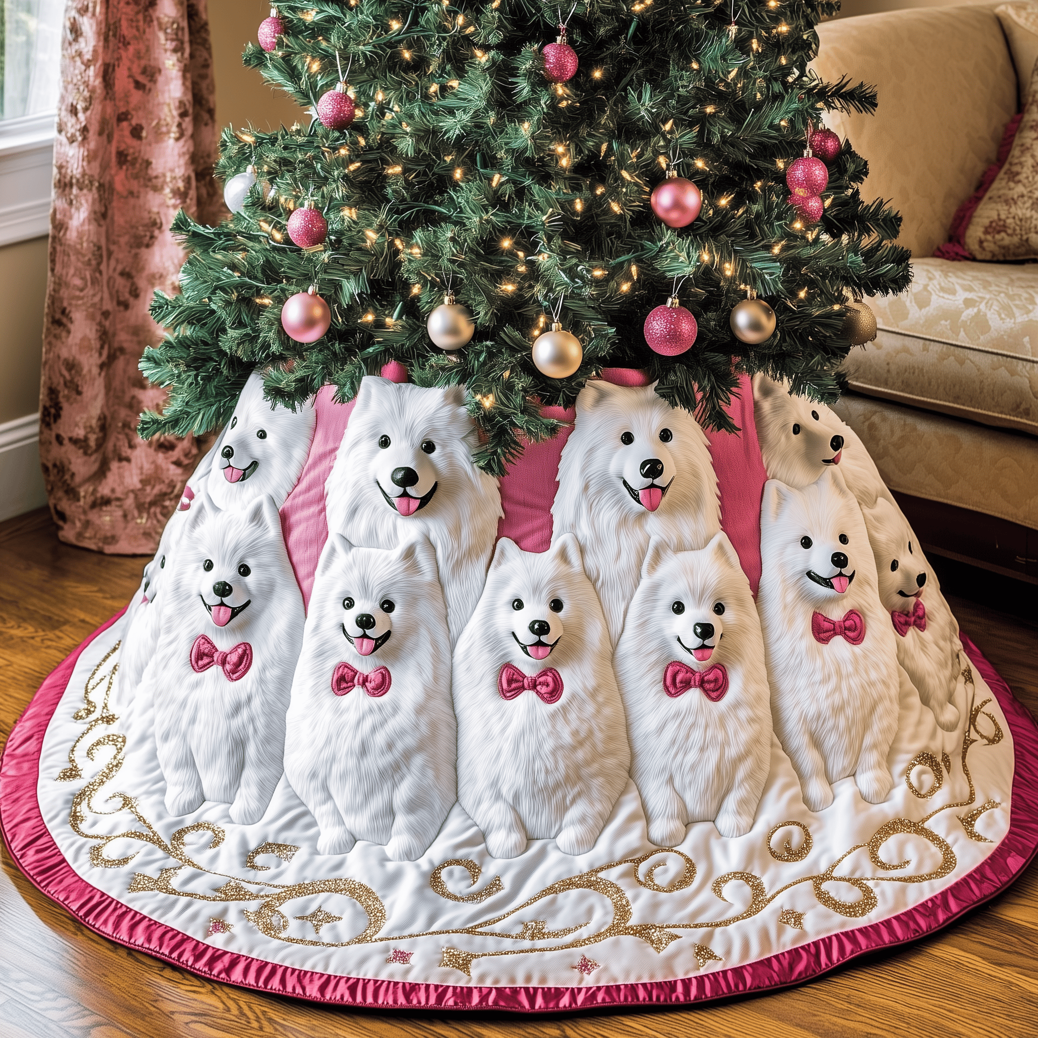 Christmas Samoyed Quilted Tree Skirt Heartwarming Family Gathering Merch