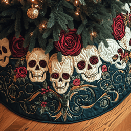 Christmas Red Rose Skull Quilted Tree Skirt Charming Thanksgiving Gift Merch
