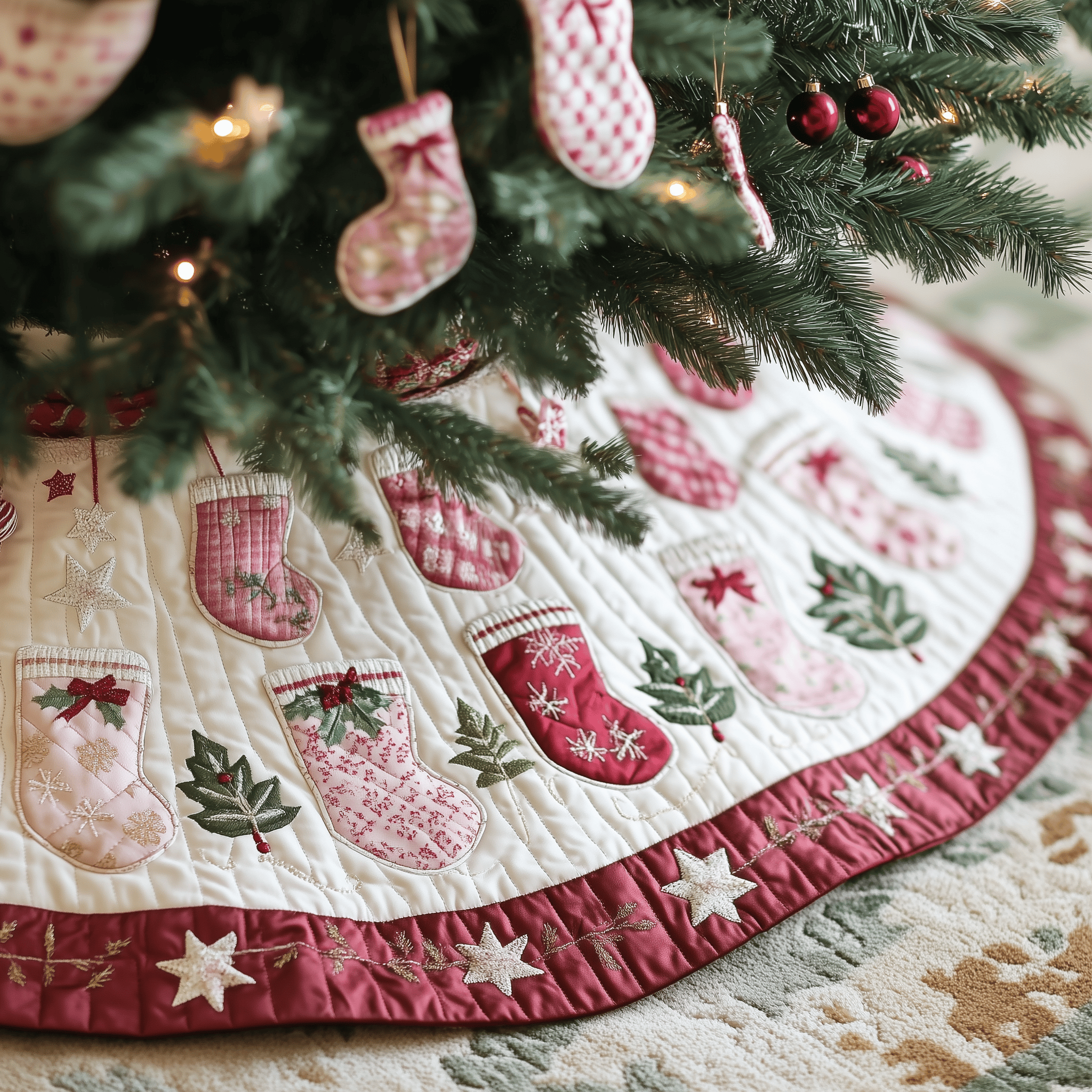 Christmas Stockings Quilted Tree Skirt Holiday Tree Skirt Must-Have