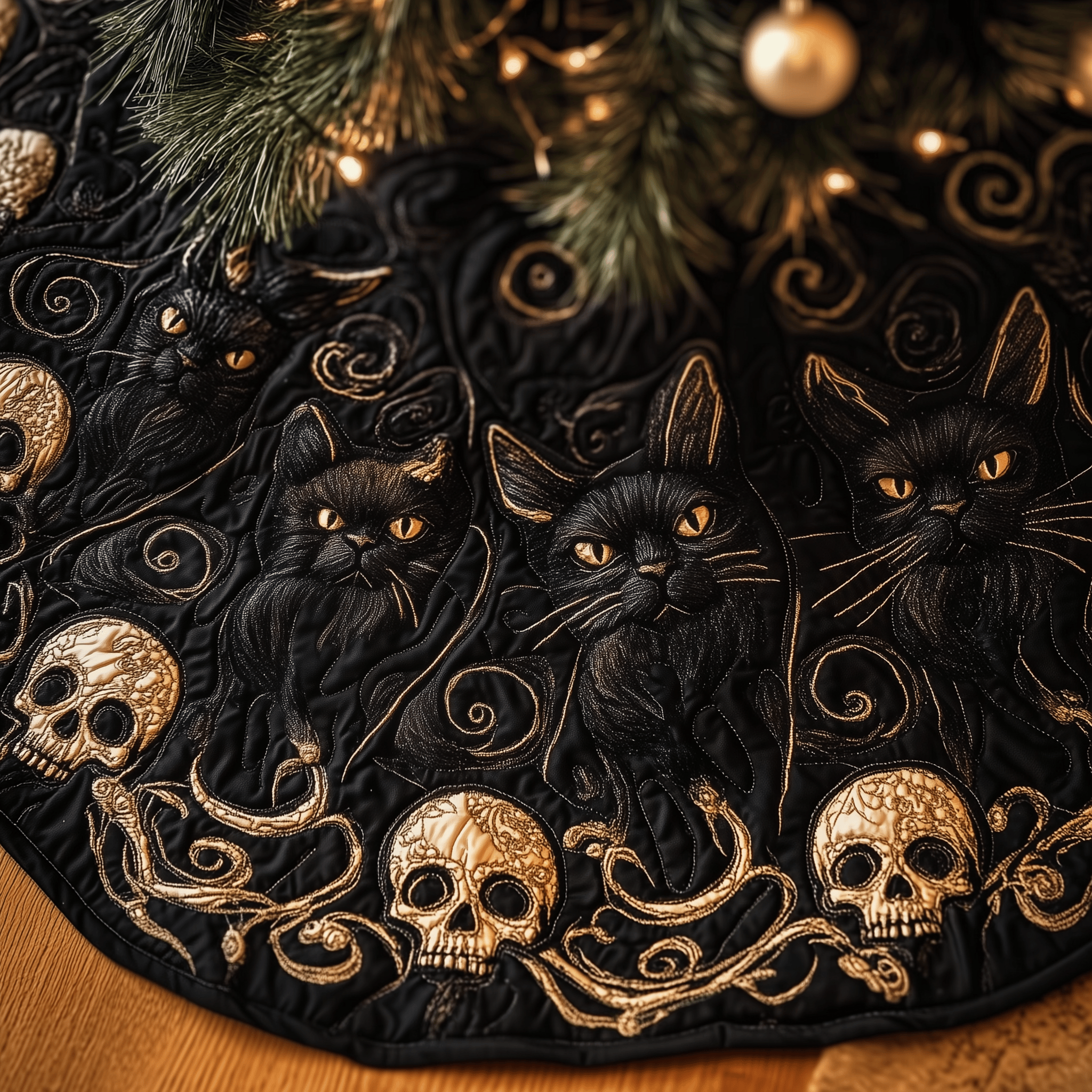 Christmas Skull And Black Cat Quilted Tree Skirt Unique Gift Merch For Friends
