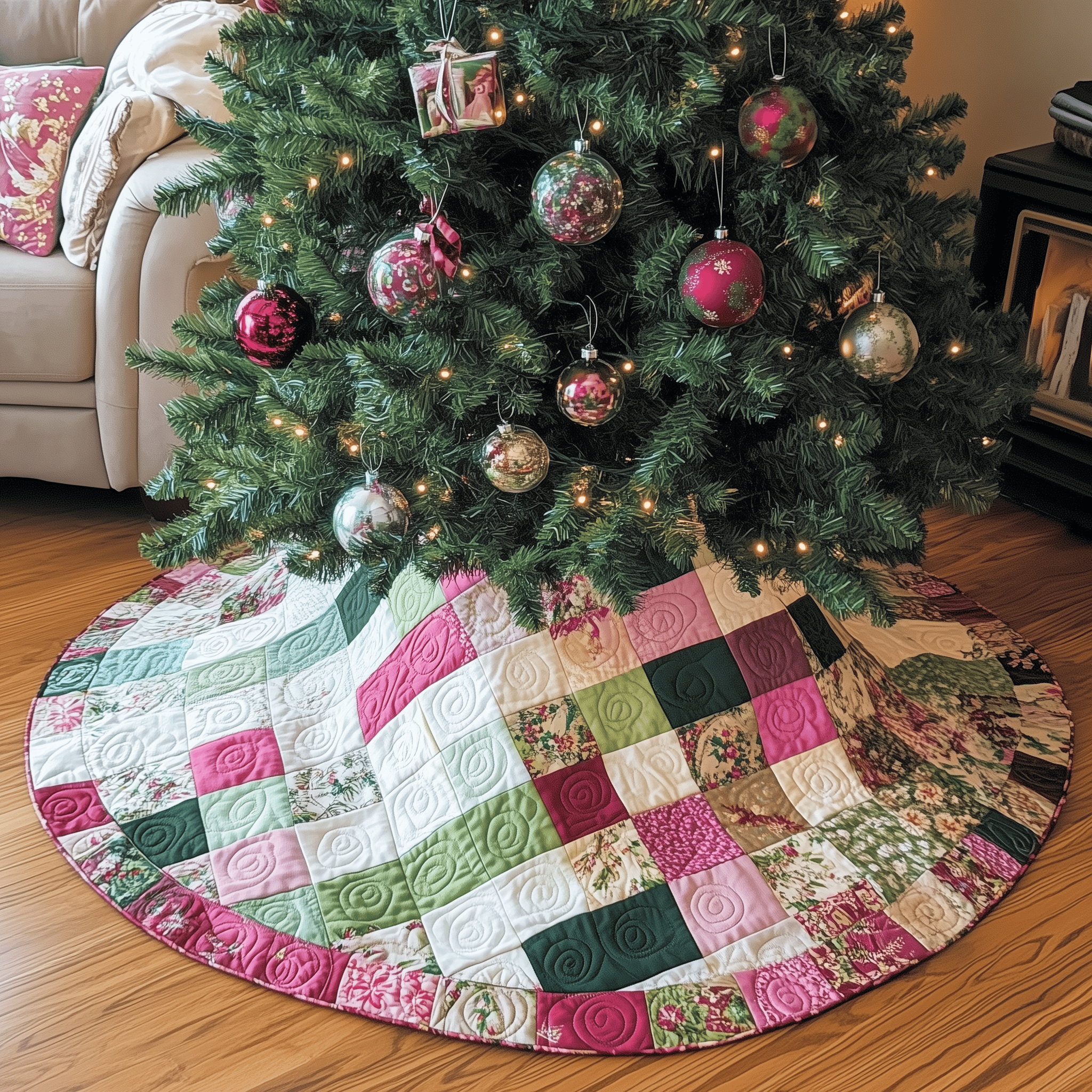 Classic Pink Green Patchwork Quilted Tree Skirt Joyful Home Merch Collection