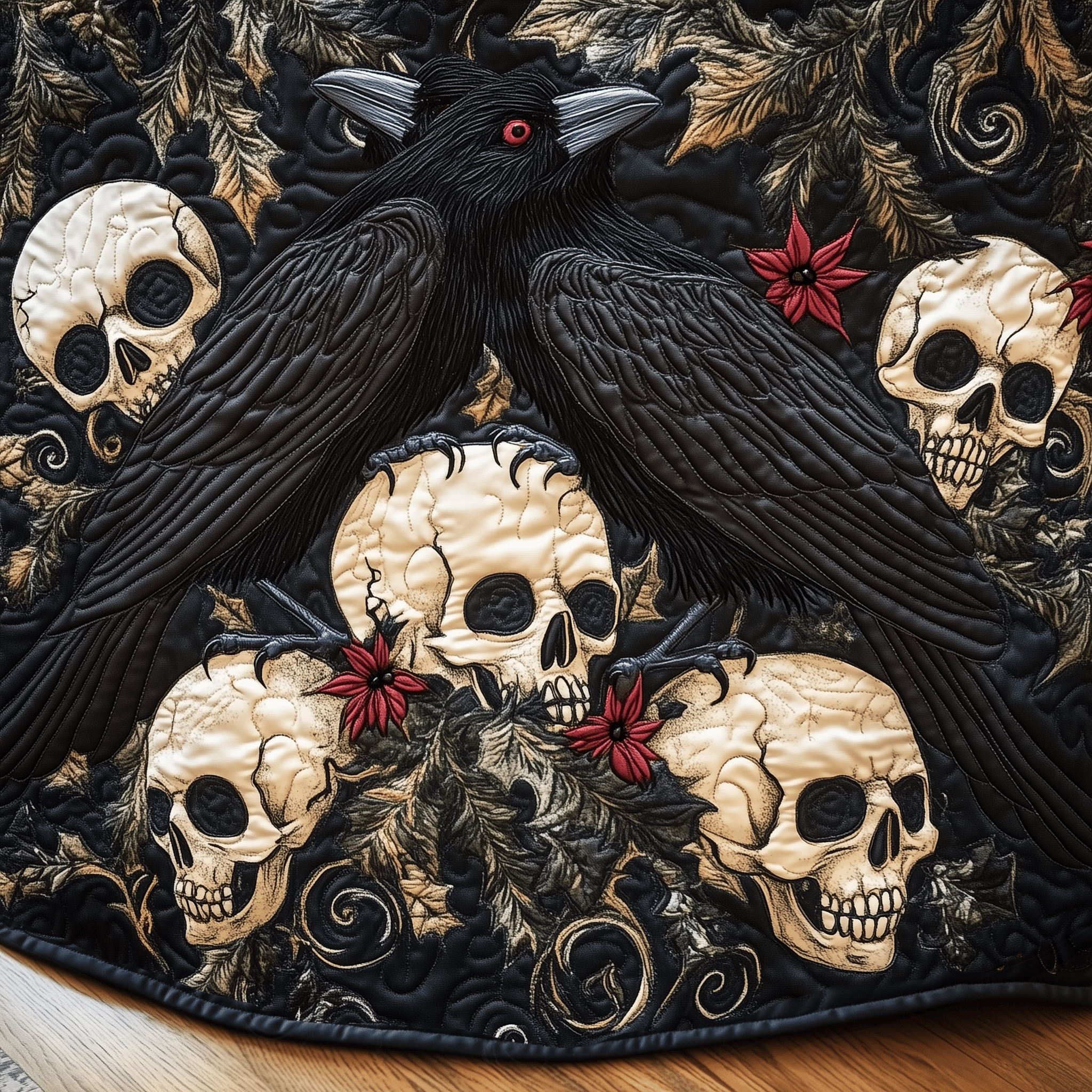Christmas Skull And Black Crow Quilted Tree Skirt Stylish Holiday Decor Gift Merch