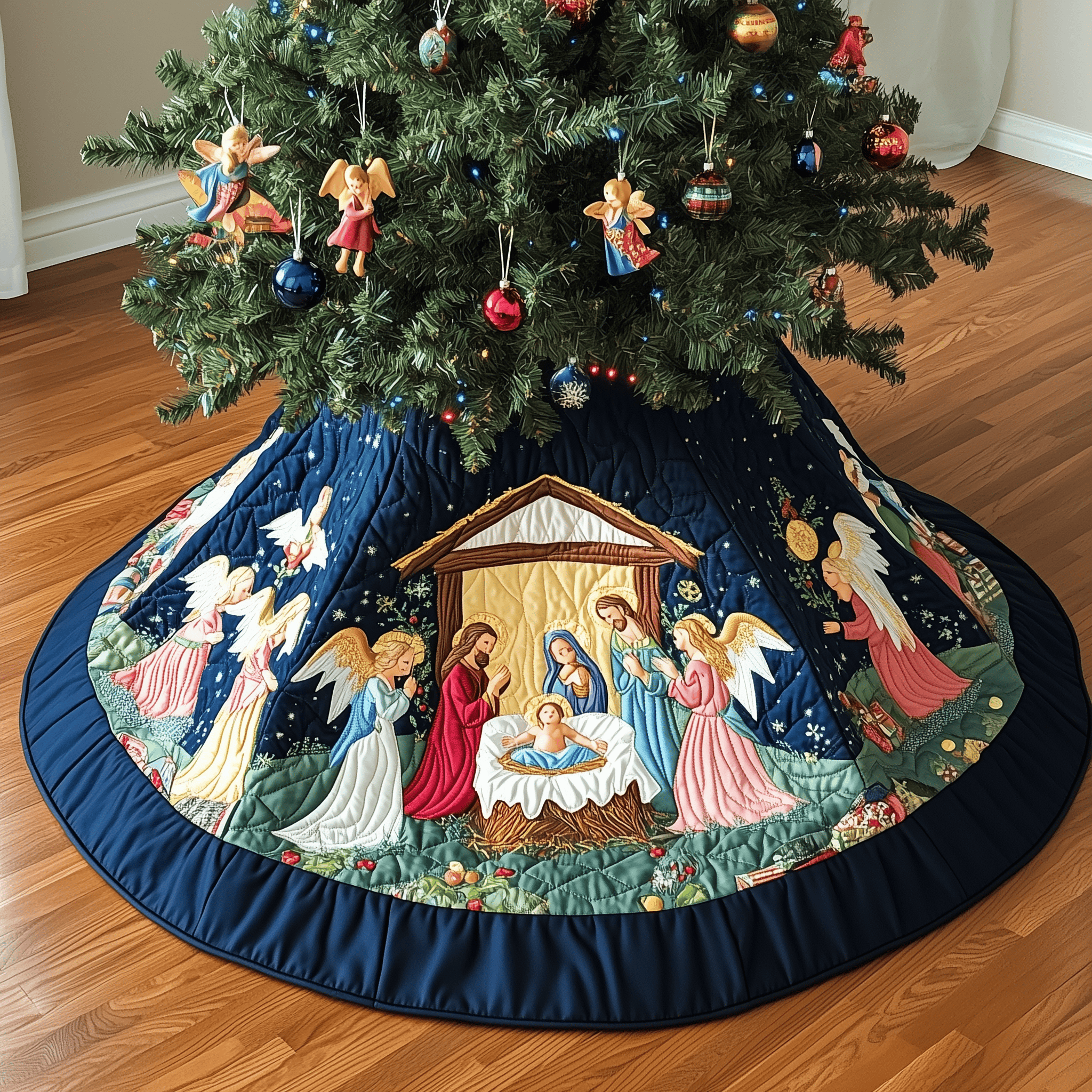 Faith God Quilted Tree Skirt Festive Living Room Merch