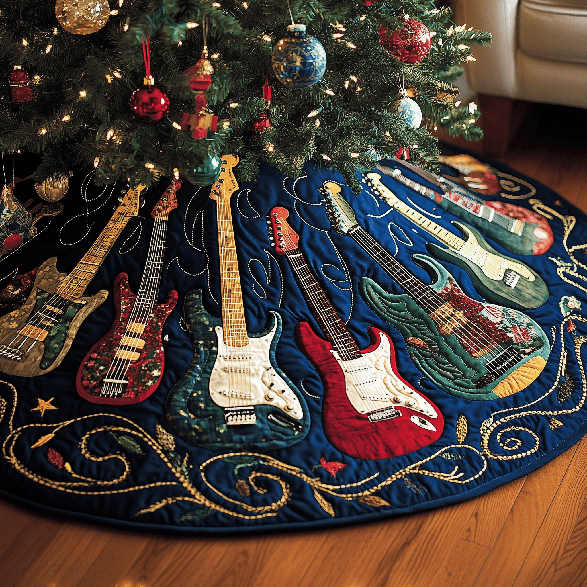 Christmas Swirl Guitar Quilted Tree Skirt Memorable Graduation Gift Merch