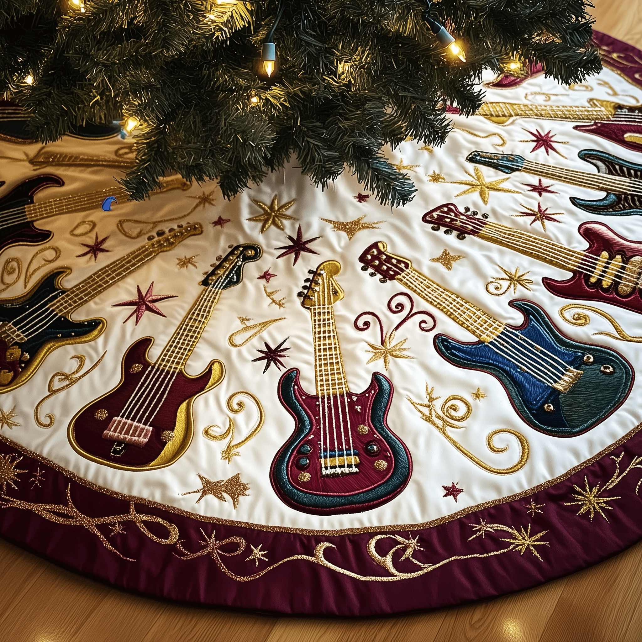 Swirls Guitar Quilted Tree Skirt Festive Living Room Merch