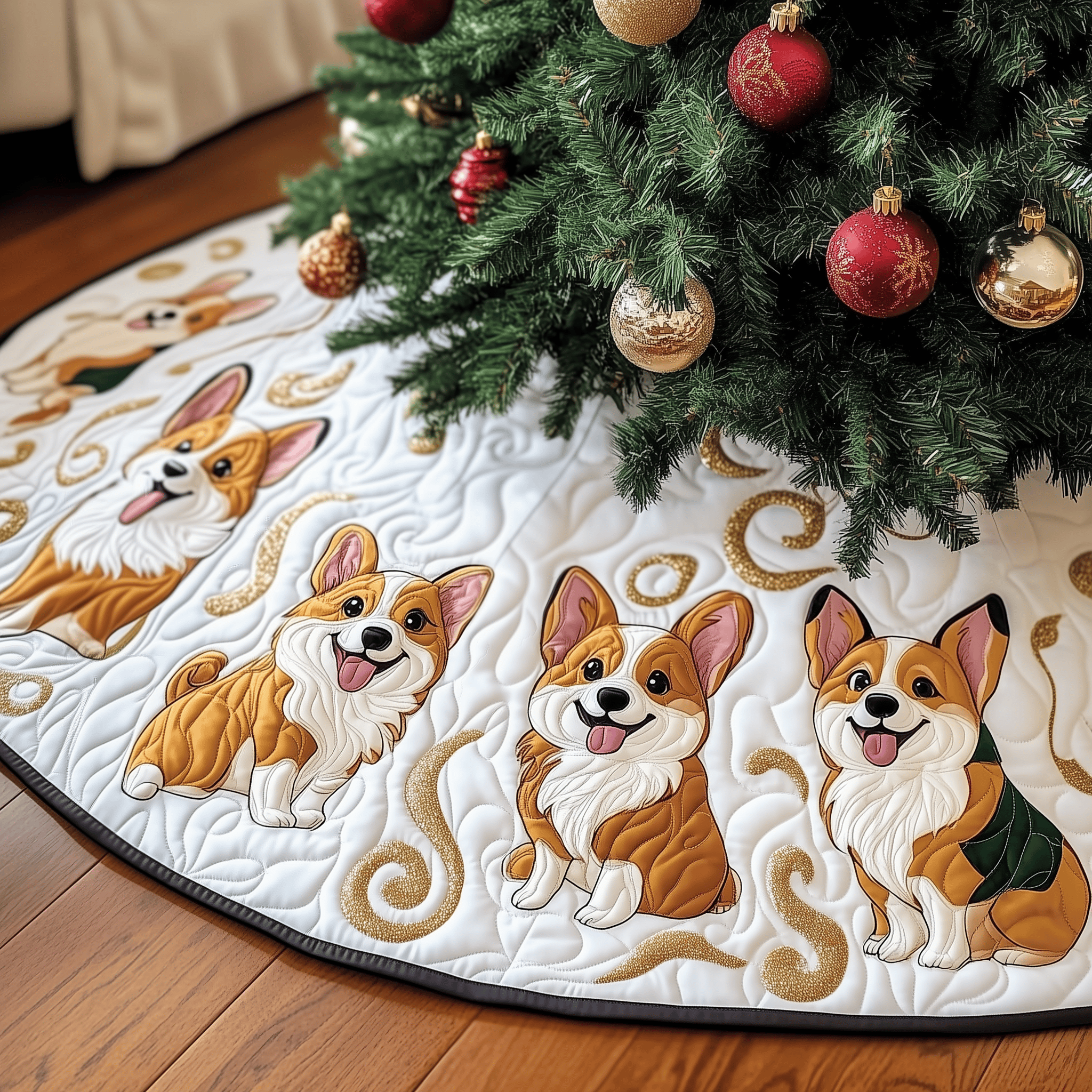 Joyful Christmas Corgi Quilted Tree Skirt Perfect Christmas Gift Merch