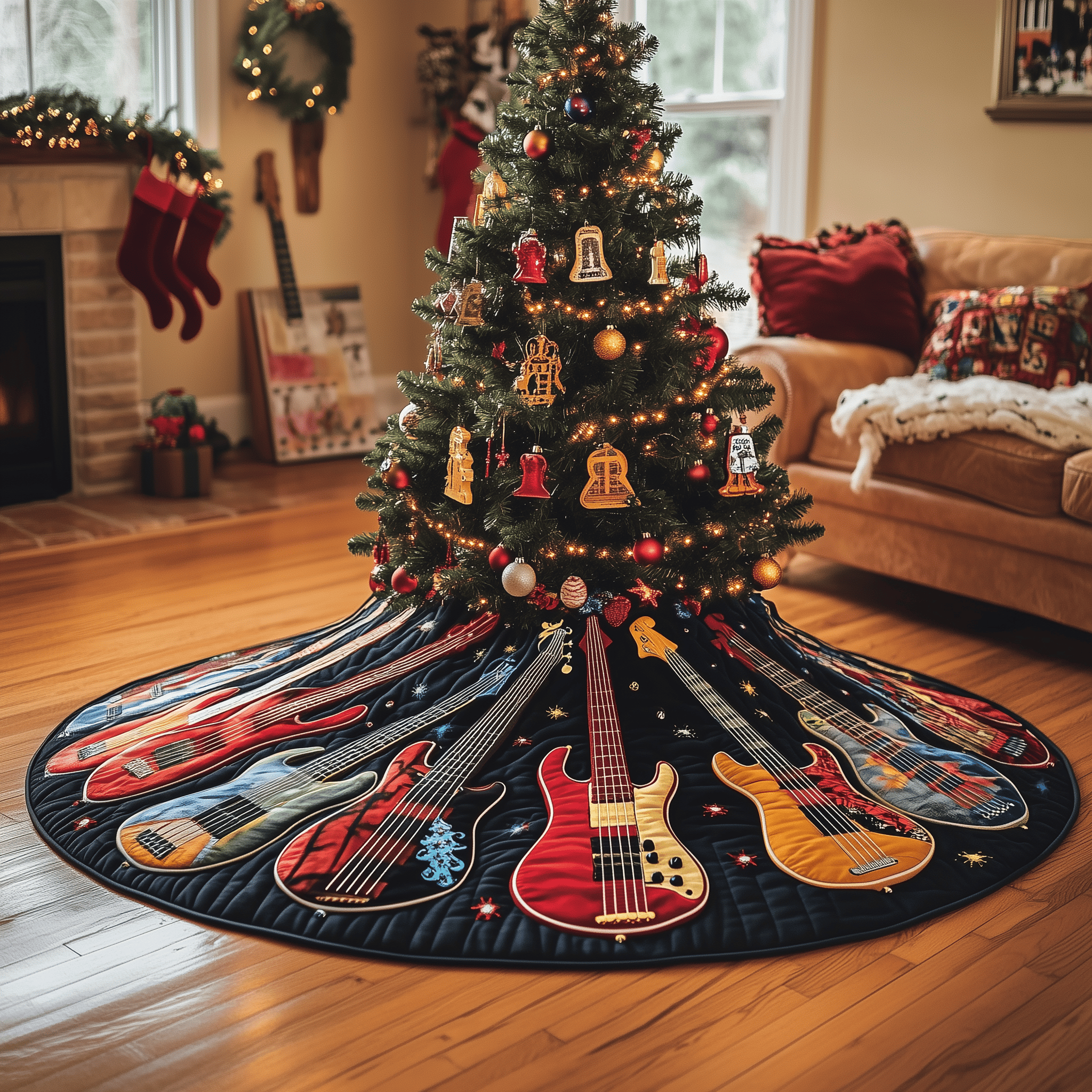Guitar Bass Quilted Tree Skirt Charming Holiday Home Merch
