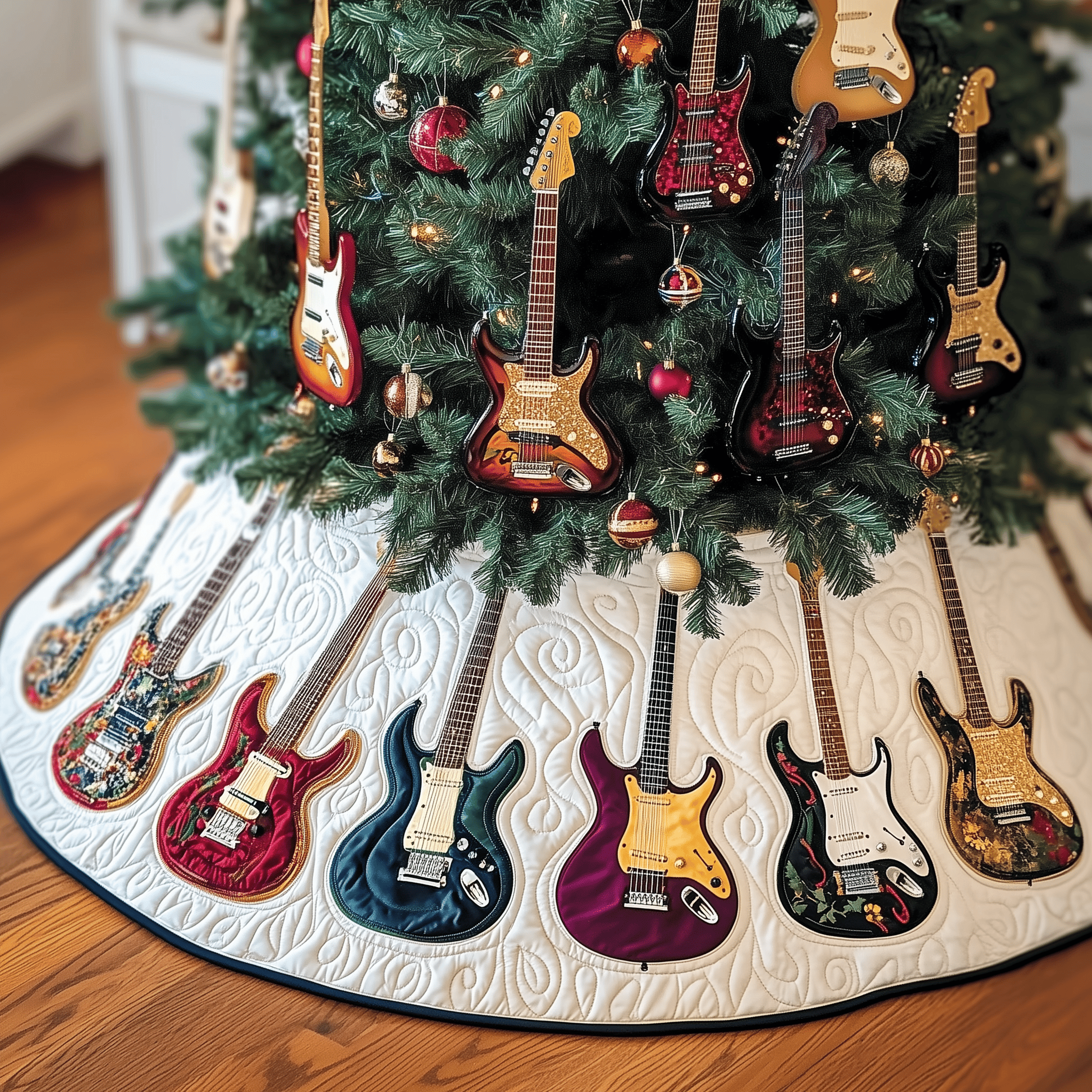 Festive Swirl Guitars Quilted Tree Skirt Beautiful Christmas Home Merch