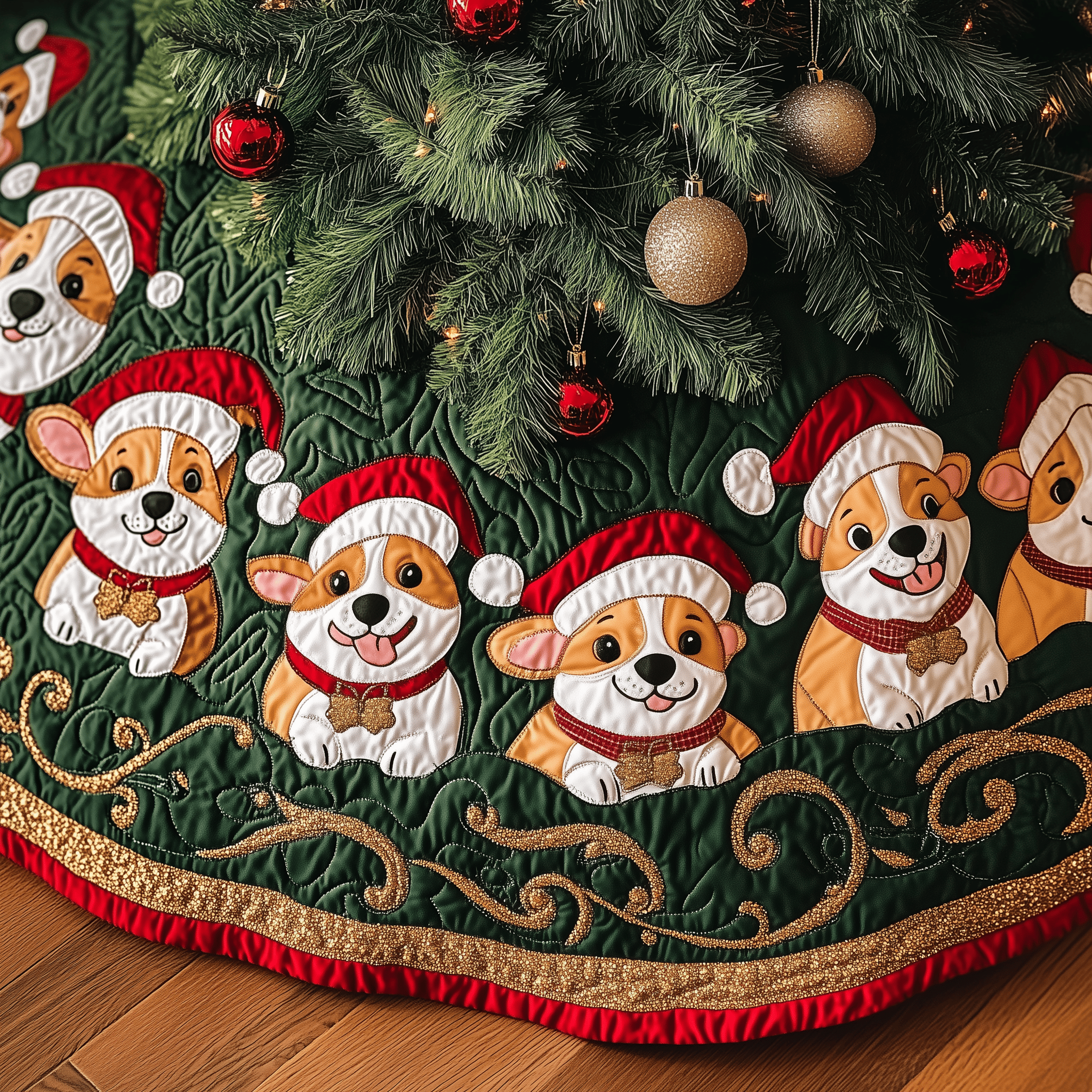 Joyful Christmas Corgi Quilted Tree Skirt Charming Thanksgiving Gift Merch