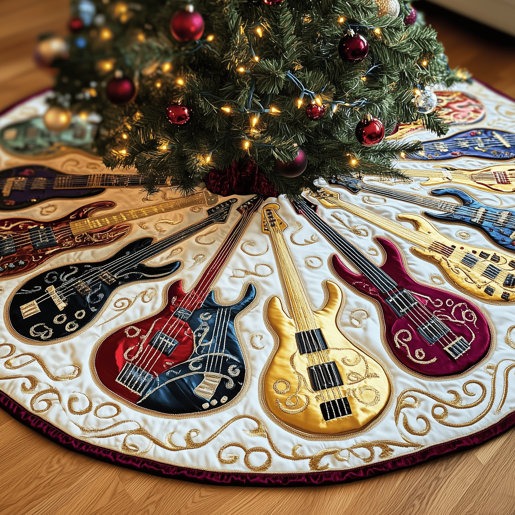 Guitar Bass Quilted Tree Skirt Joyful Holiday Season Gift Merch