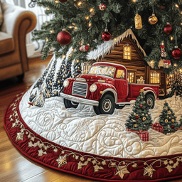 Vintage Snowy Cabin Quilted Tree Skirt Perfect Christmas Gift Merch