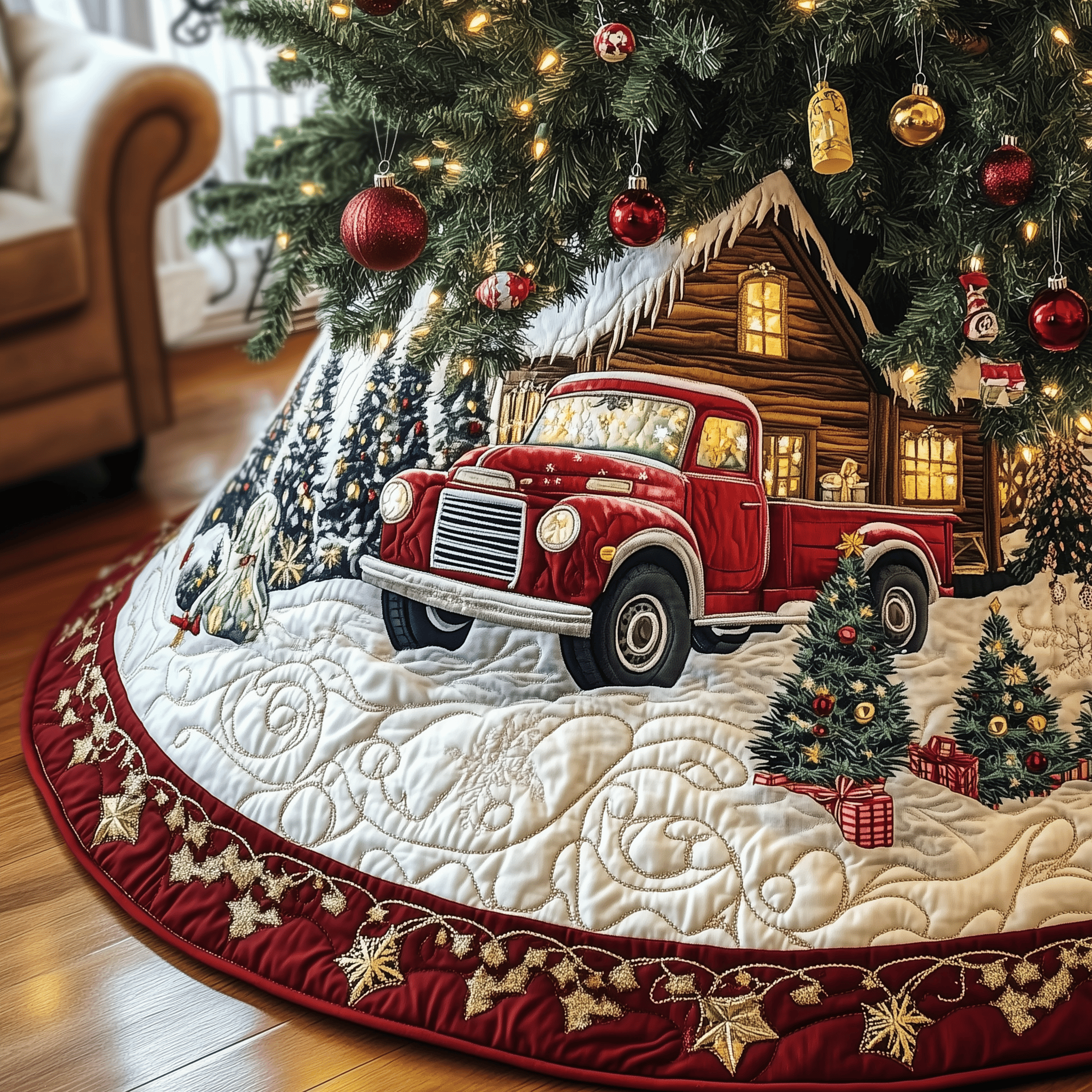 Vintage Snowy Cabin Quilted Tree Skirt Perfect Christmas Gift Merch