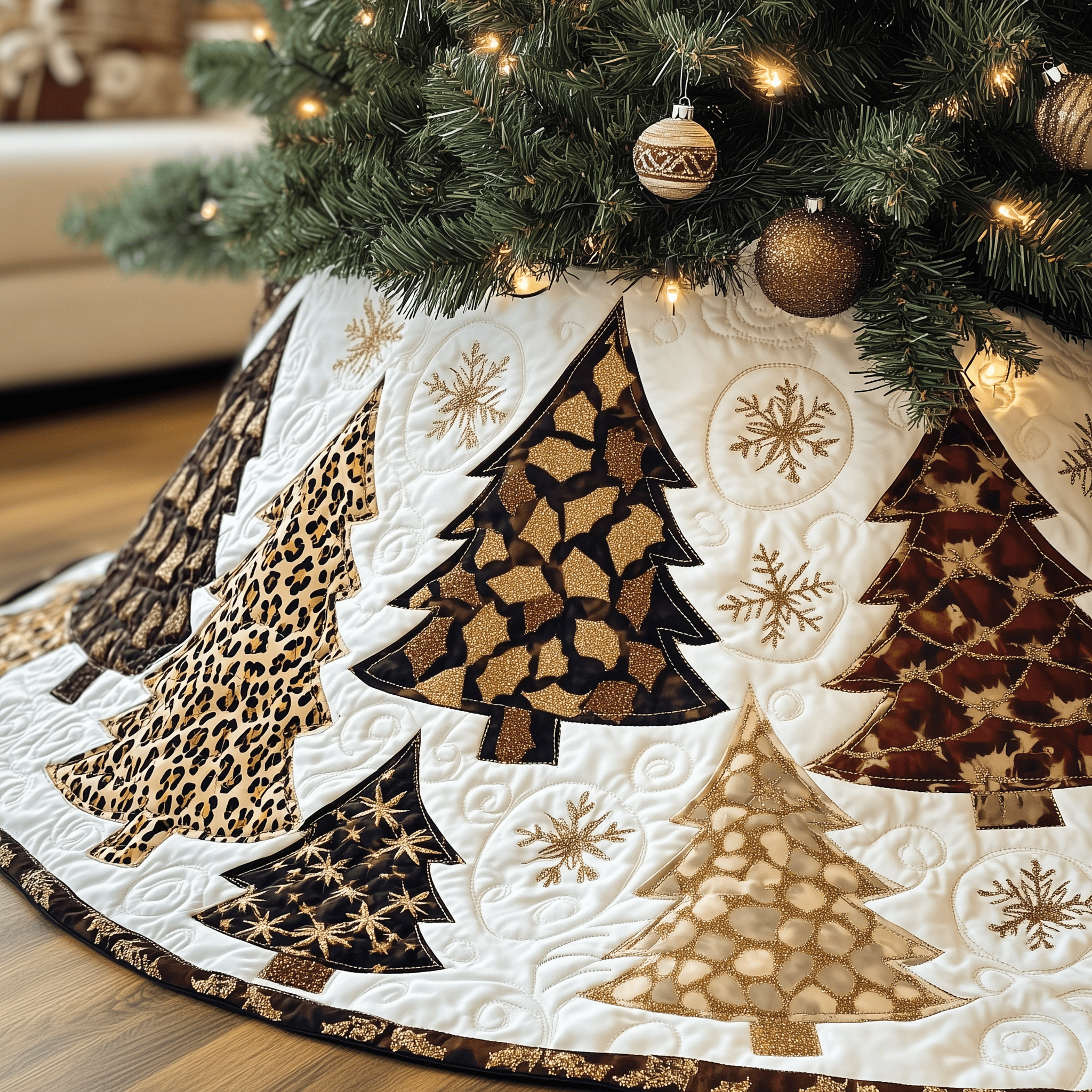 Festive Leopard Christmas Tree Quilted Tree Skirt Heartwarming Family Gathering Merch