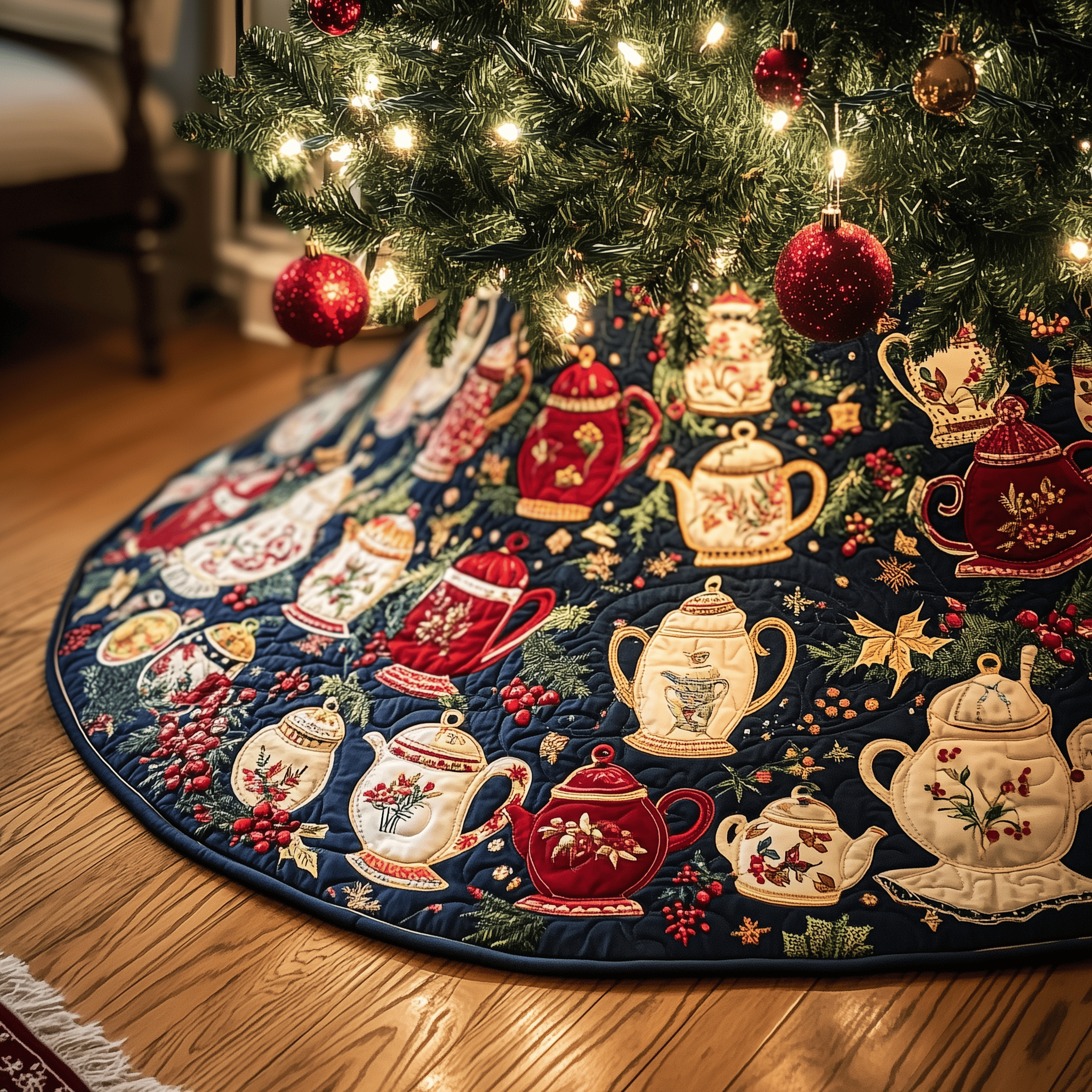 Festive Teapot Quilted Tree Skirt Heartwarming Family Gathering Merch