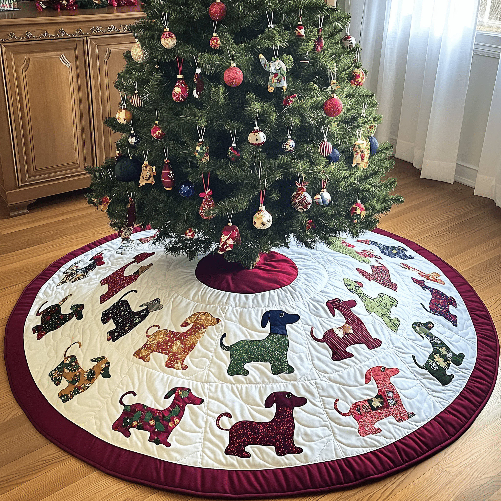 Festive Dashchund Quilted Tree Skirt Perfect Home For Christmas Tree Merch
