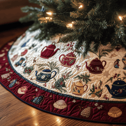 Festive Teapot Quilted Tree Skirt Charming Holiday Home Merch