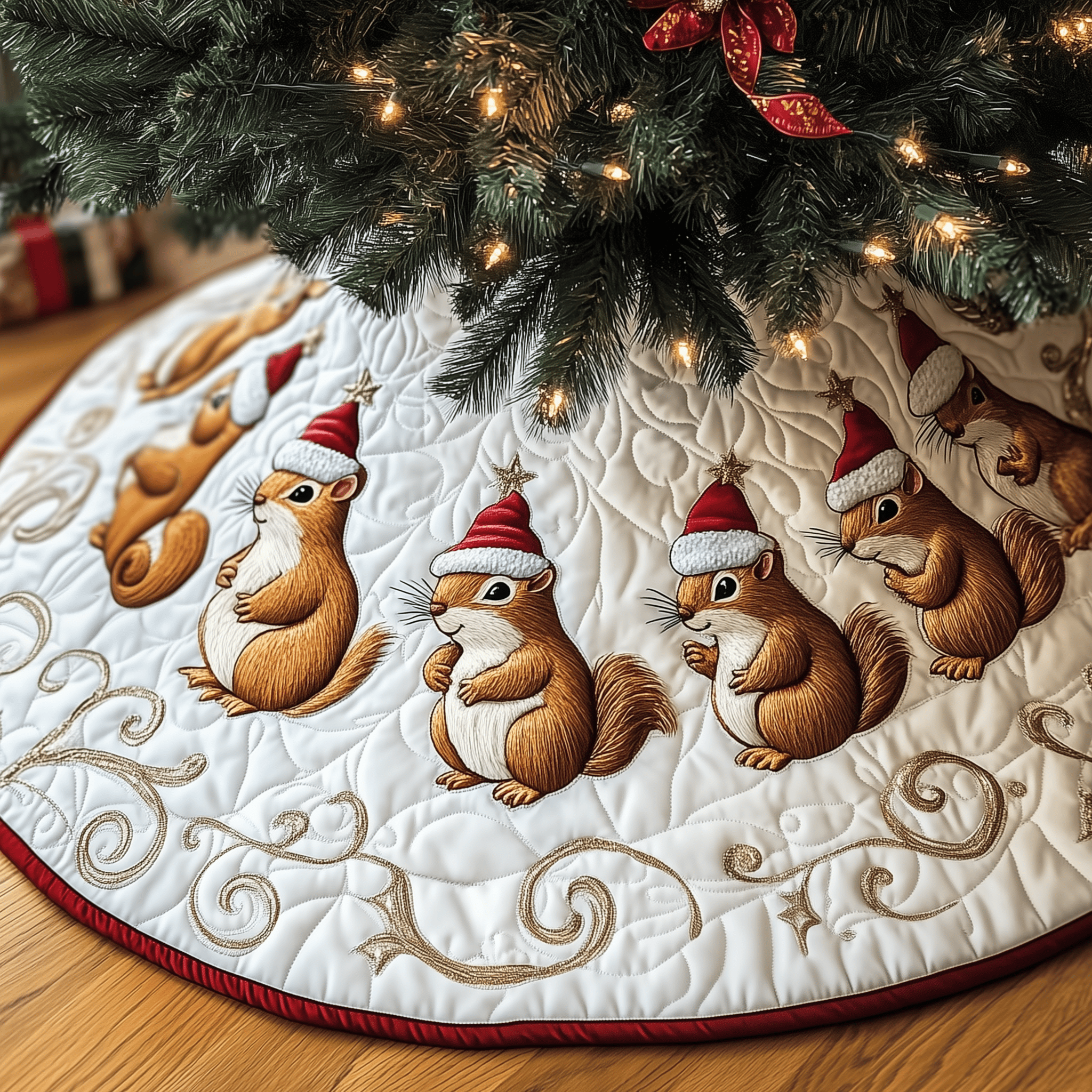 Festive Squirrel Quilted Tree Skirt Perfect Gift Merch For Her